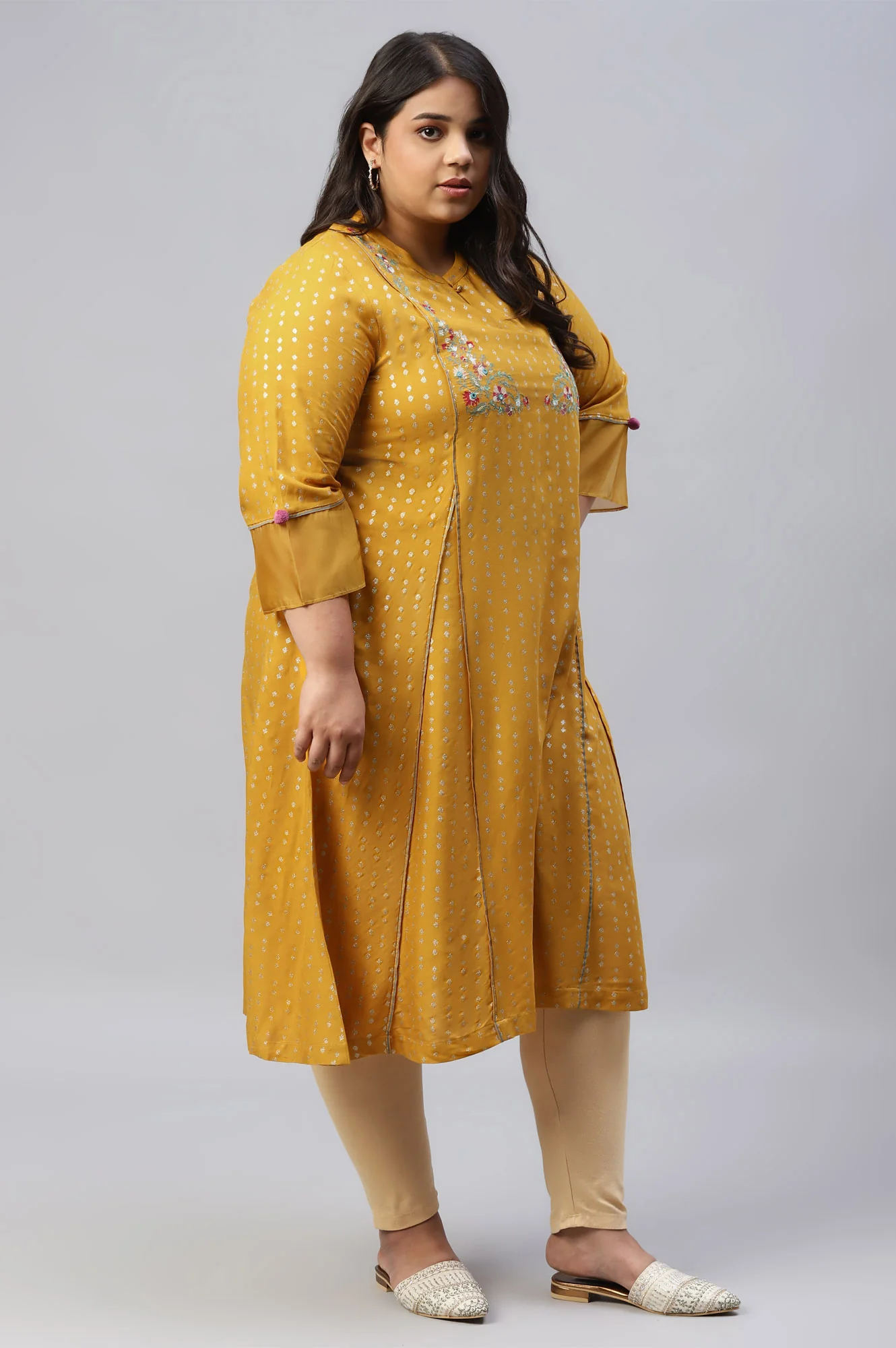 Mustard Glitter Printed And Embroidered Plus Size kurta - Image 4