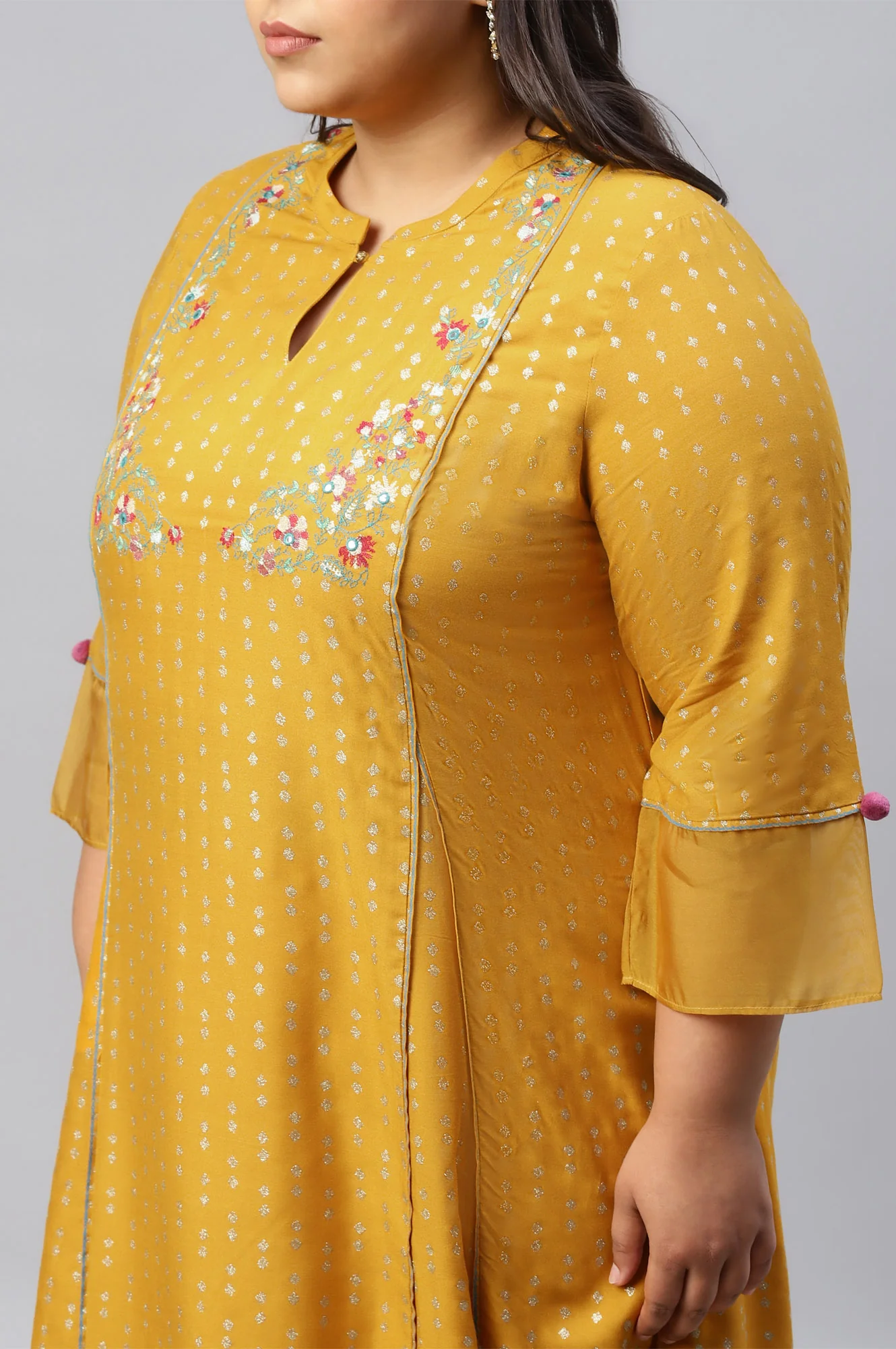Mustard Glitter Printed And Embroidered Plus Size kurta - Image 5