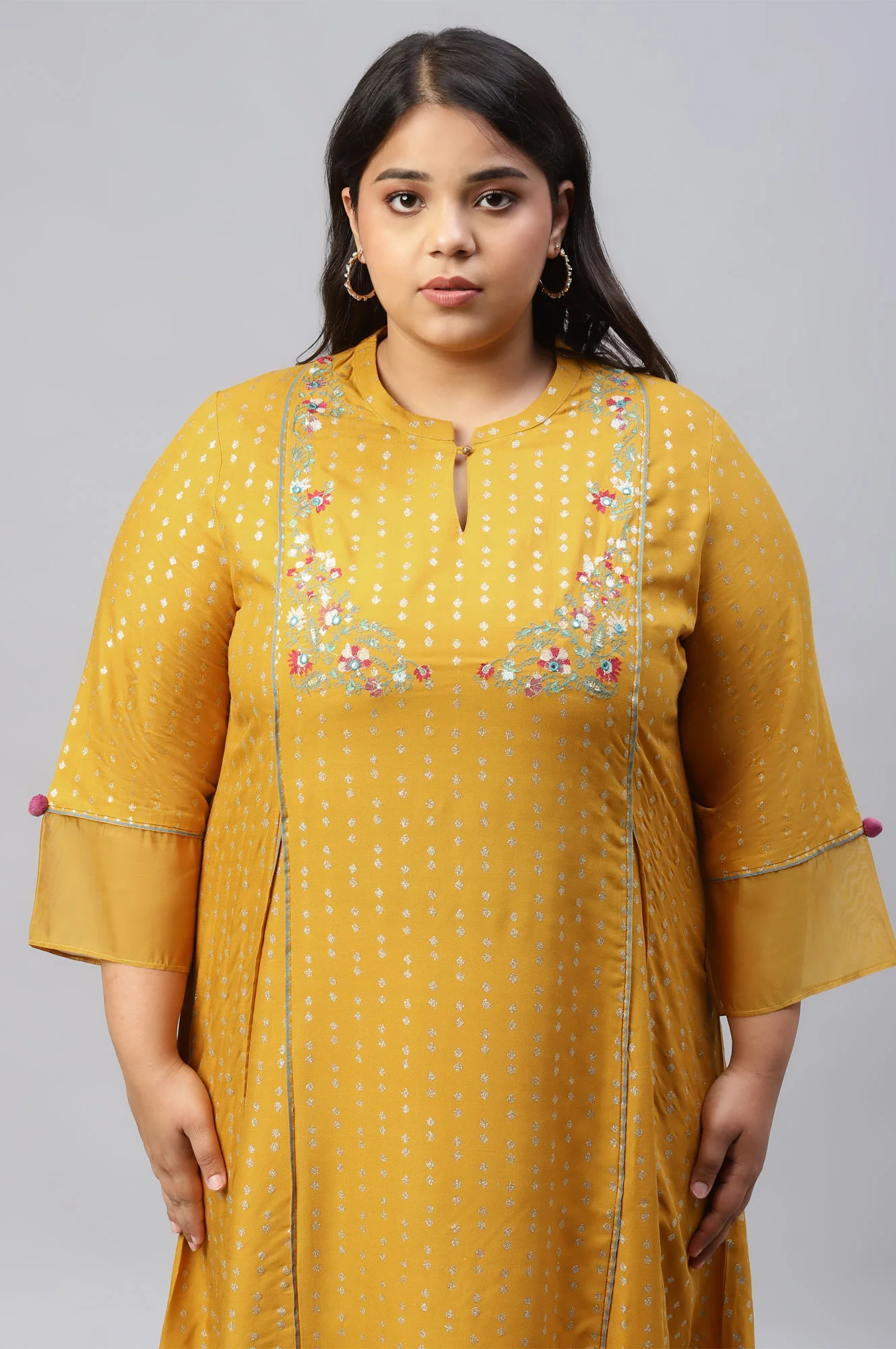 Mustard Glitter Printed And Embroidered Plus Size kurta - Image 6