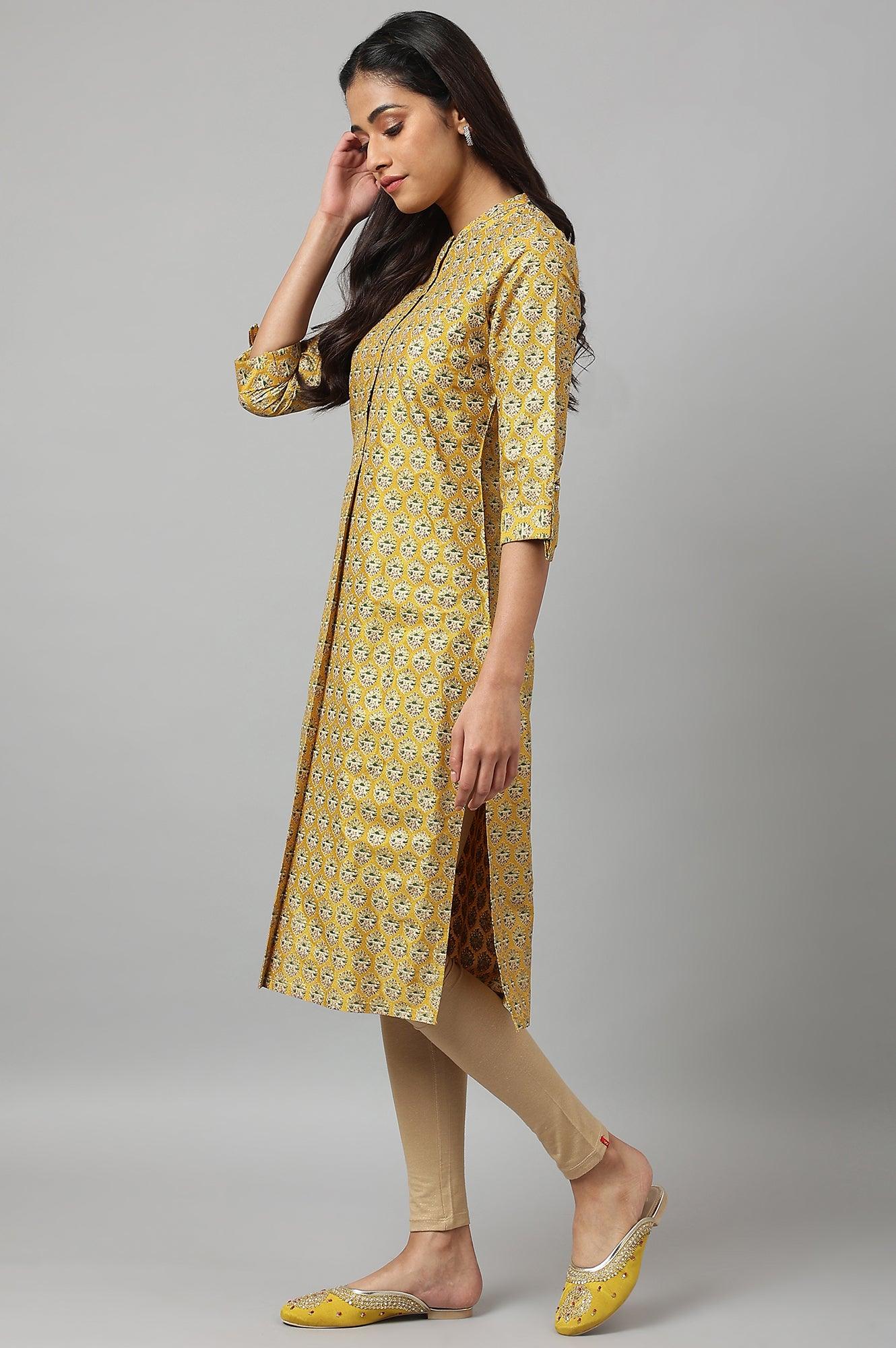 Mustard Glitter Printed kurta In Mandarin Collar - Image 3