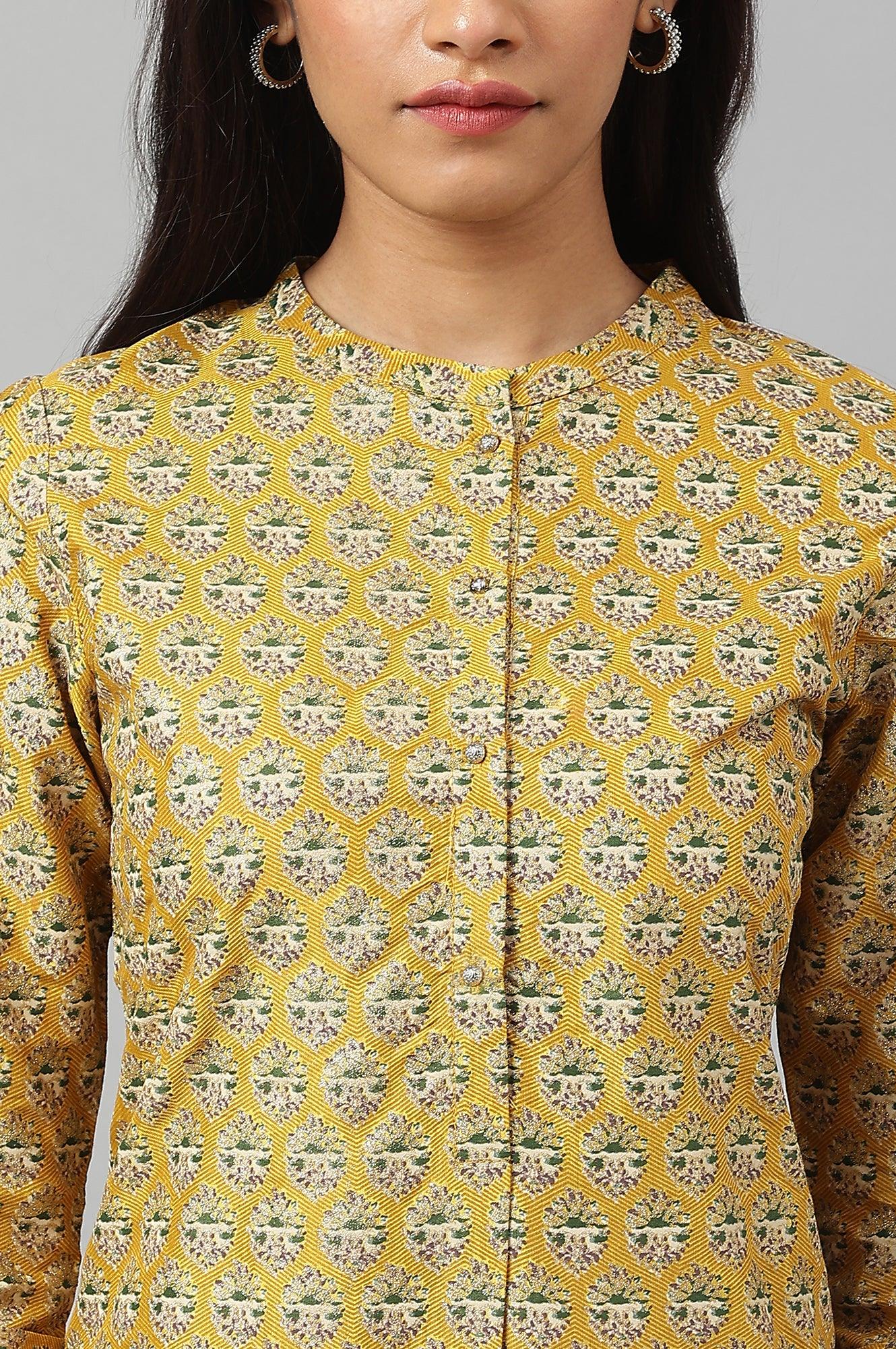 Mustard Glitter Printed kurta In Mandarin Collar - Image 7