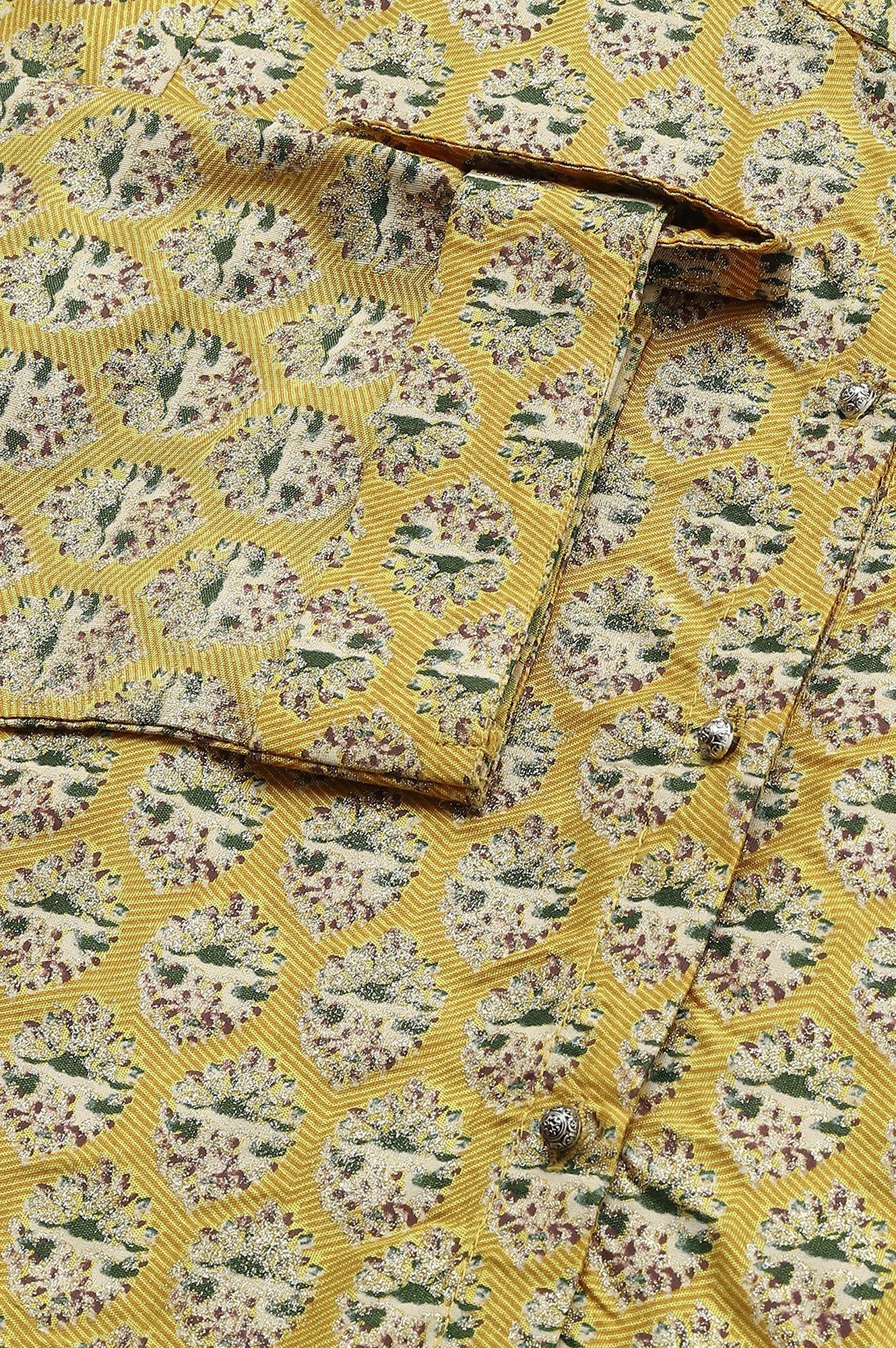 Mustard Glitter Printed kurta In Mandarin Collar - Image 8