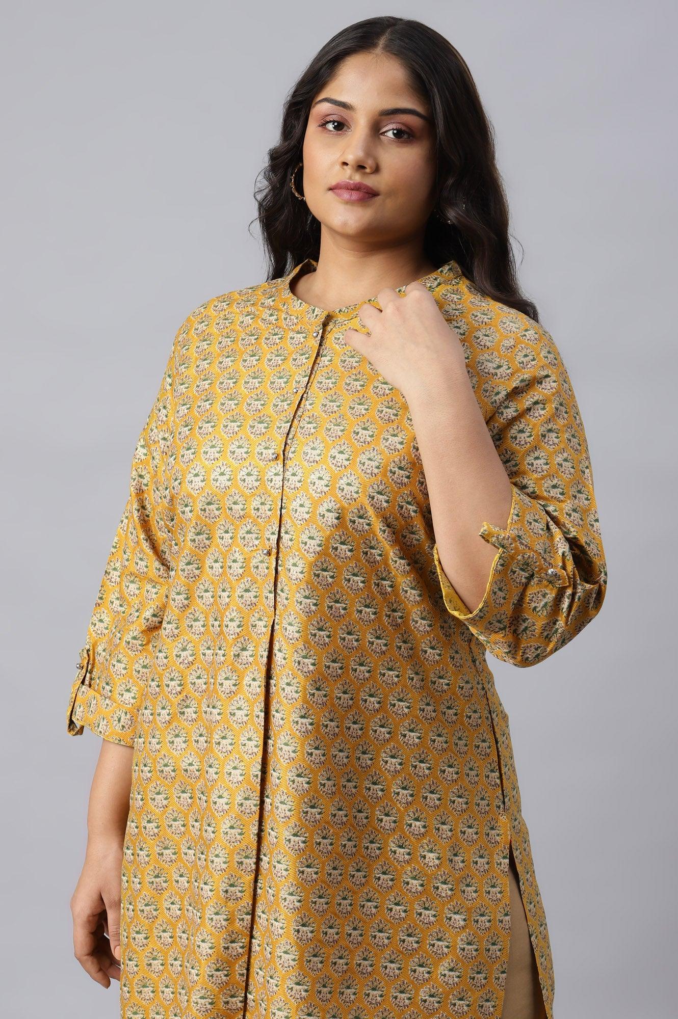 Mustard Glitter Printed Plus Size kurta In Mandarin Collar - Image 5