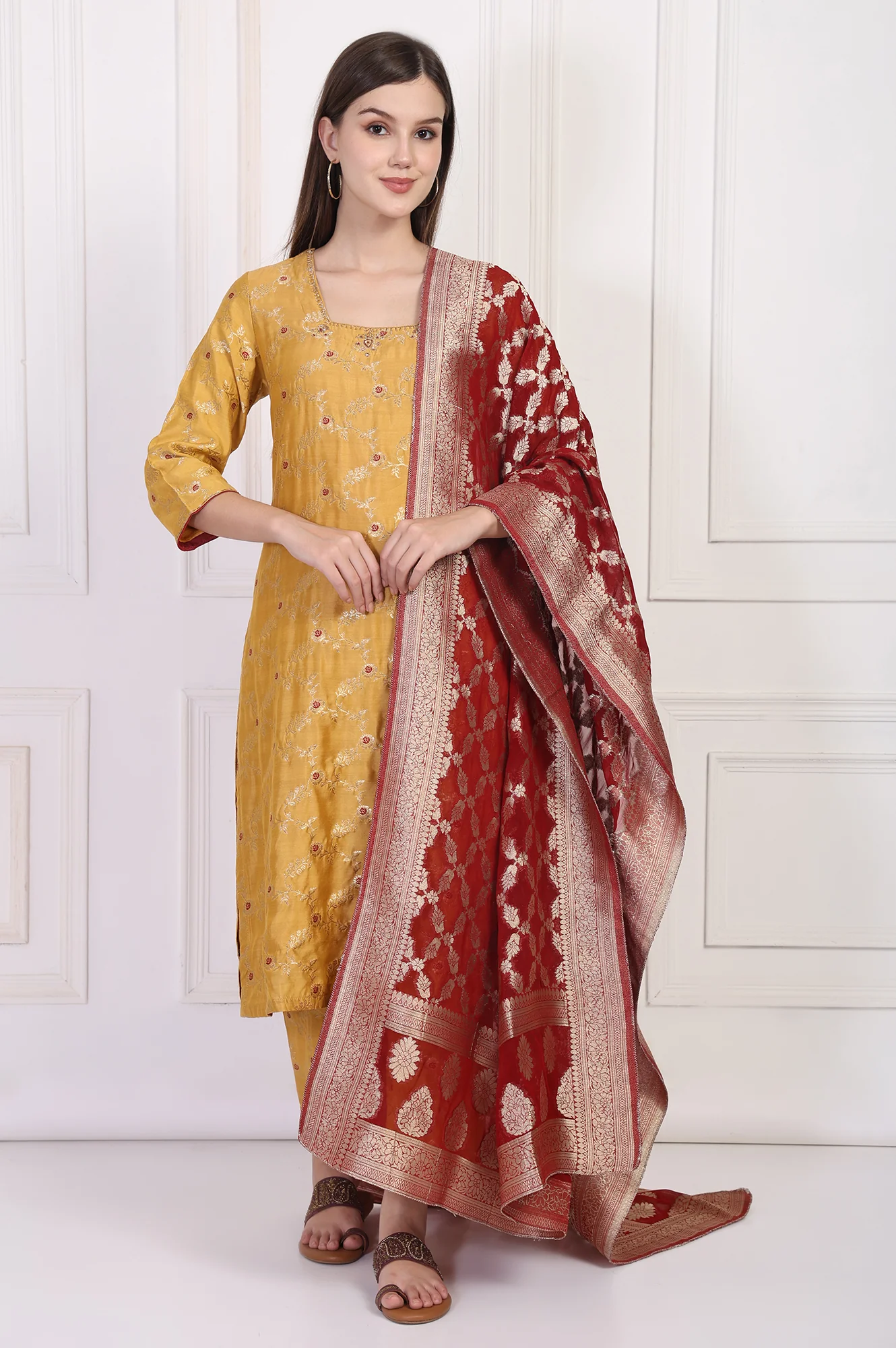 Mustard Jacquard Straight Kurta with Straight Pant and Dupatta Set - Image 2