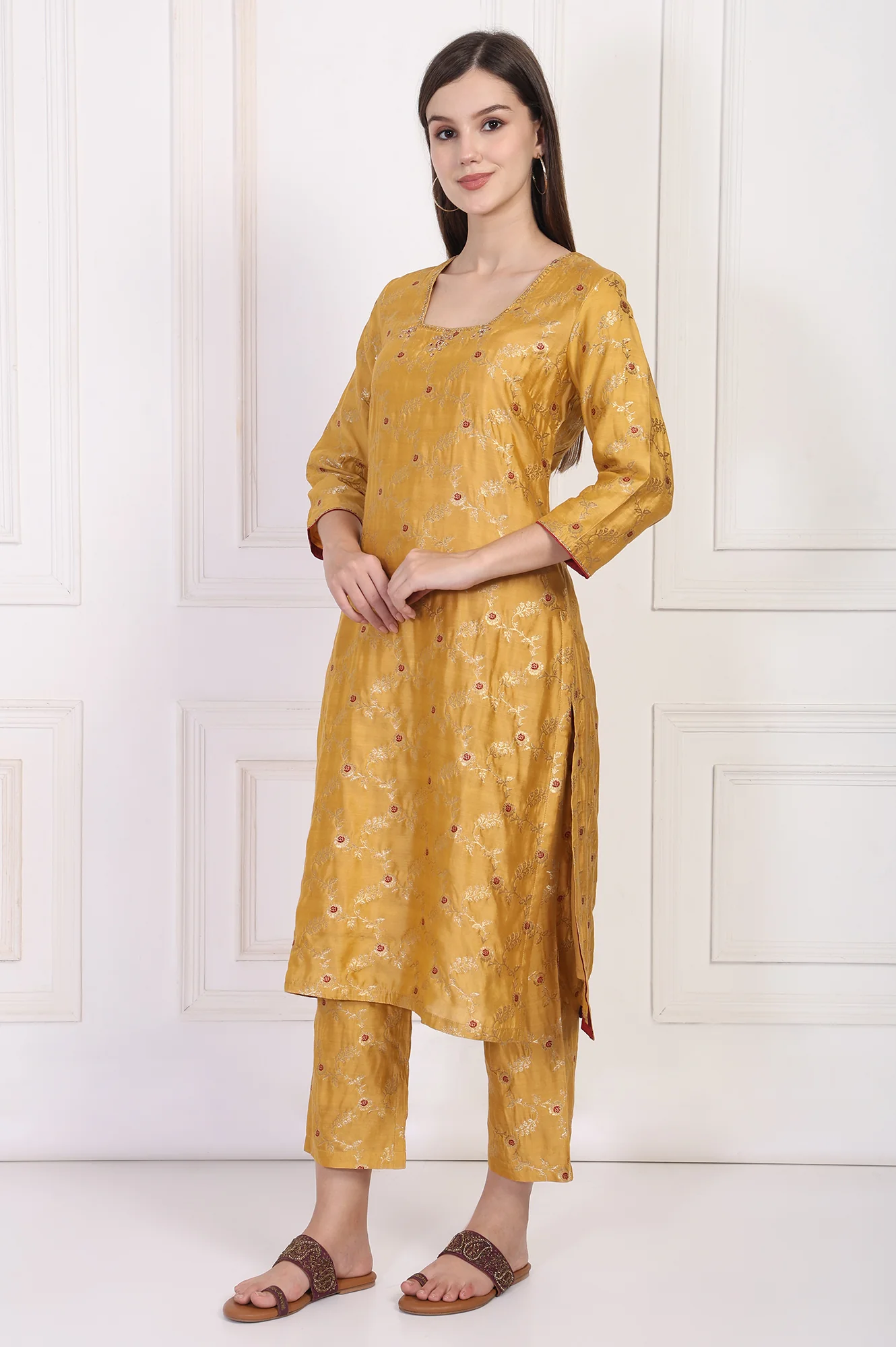 Mustard Jacquard Straight Kurta with Straight Pant and Dupatta Set - Image 4