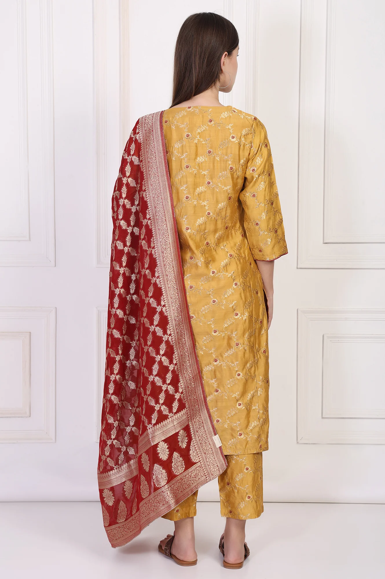 Mustard Jacquard Straight Kurta with Straight Pant and Dupatta Set - Image 5