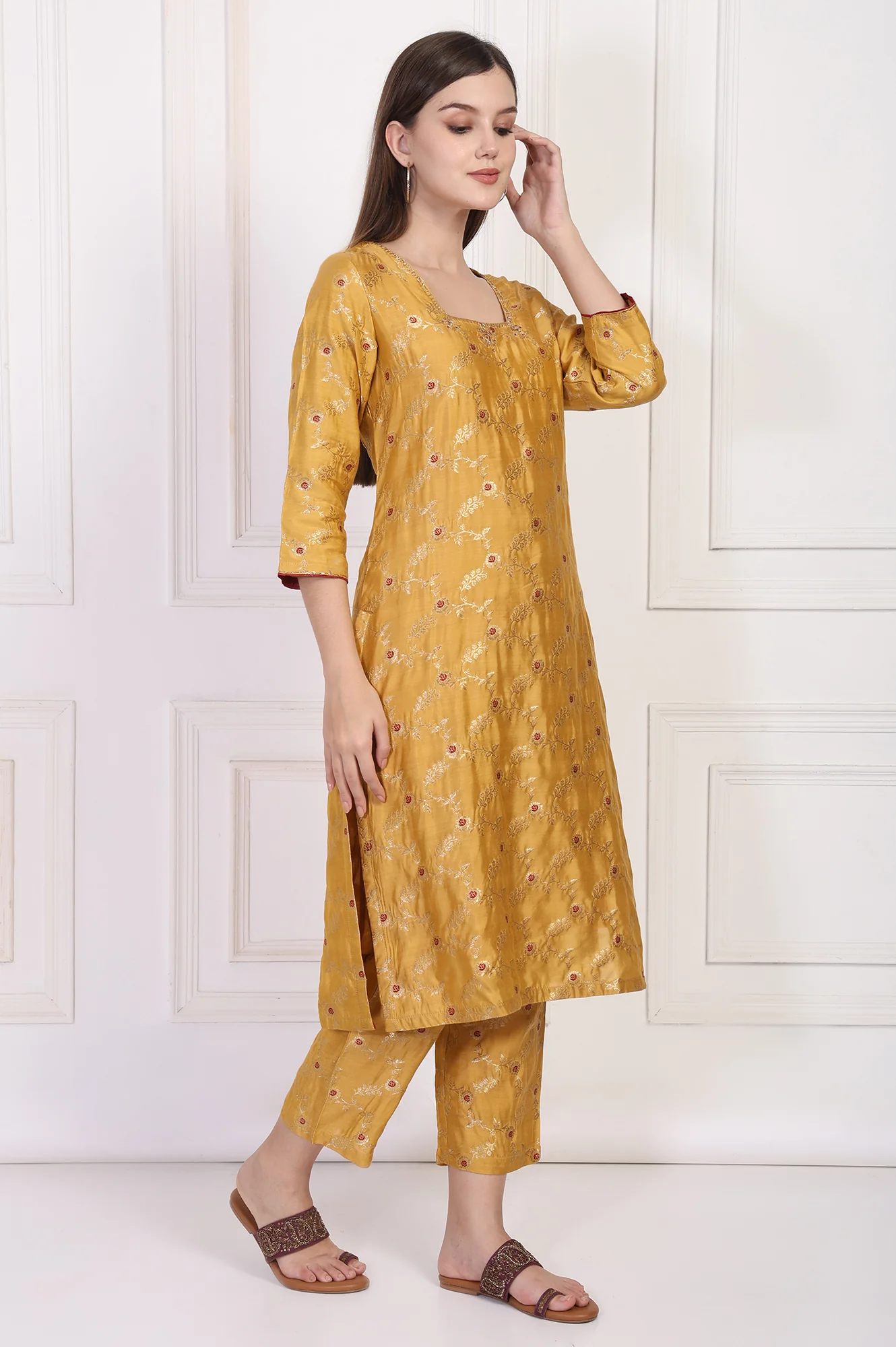 Mustard Jacquard Straight Kurta with Straight Pant and Dupatta Set - Image 6