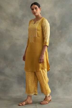 Mustard Lustrous Modal Satin kurta - Image 3