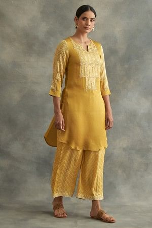 Mustard Lustrous Modal Satin kurta - Image 4