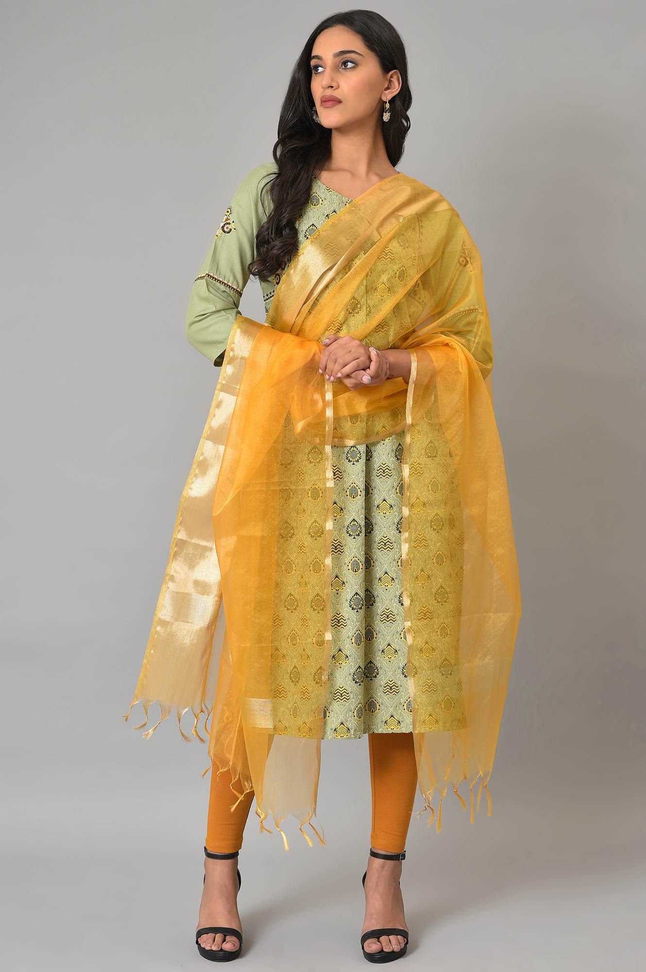 Mustard Organza Drape With Zari Woven Border Detail - Image 2