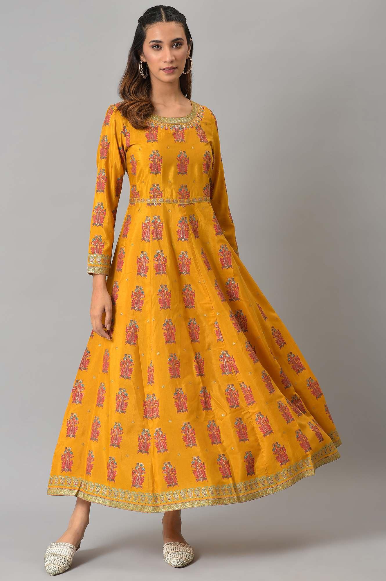 Mustard Paisley Printed Embroidered Ethnic Dress - Image 2