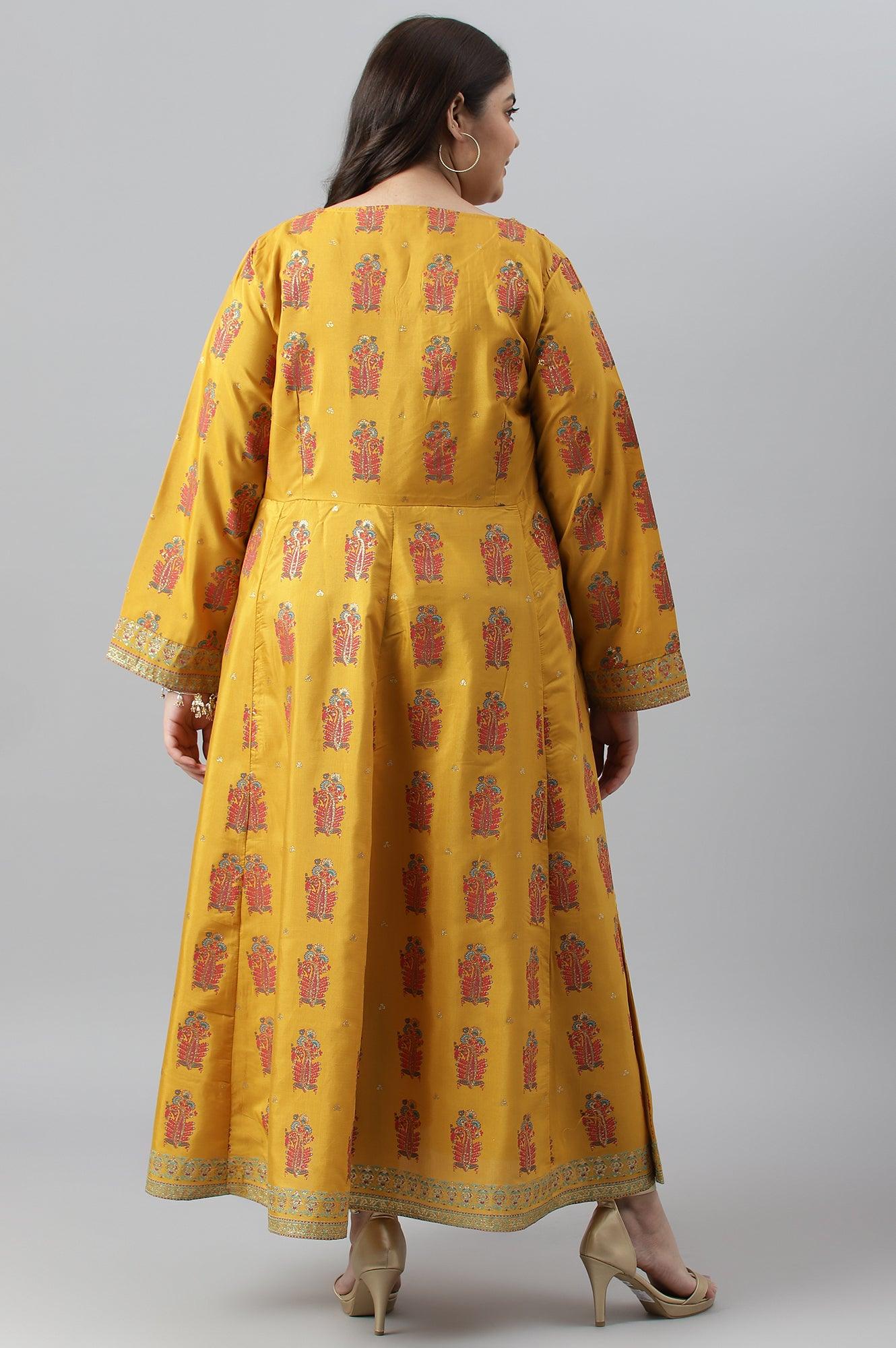 Mustard Paisley Printed Embroidered Plus Size Dress - Image 2