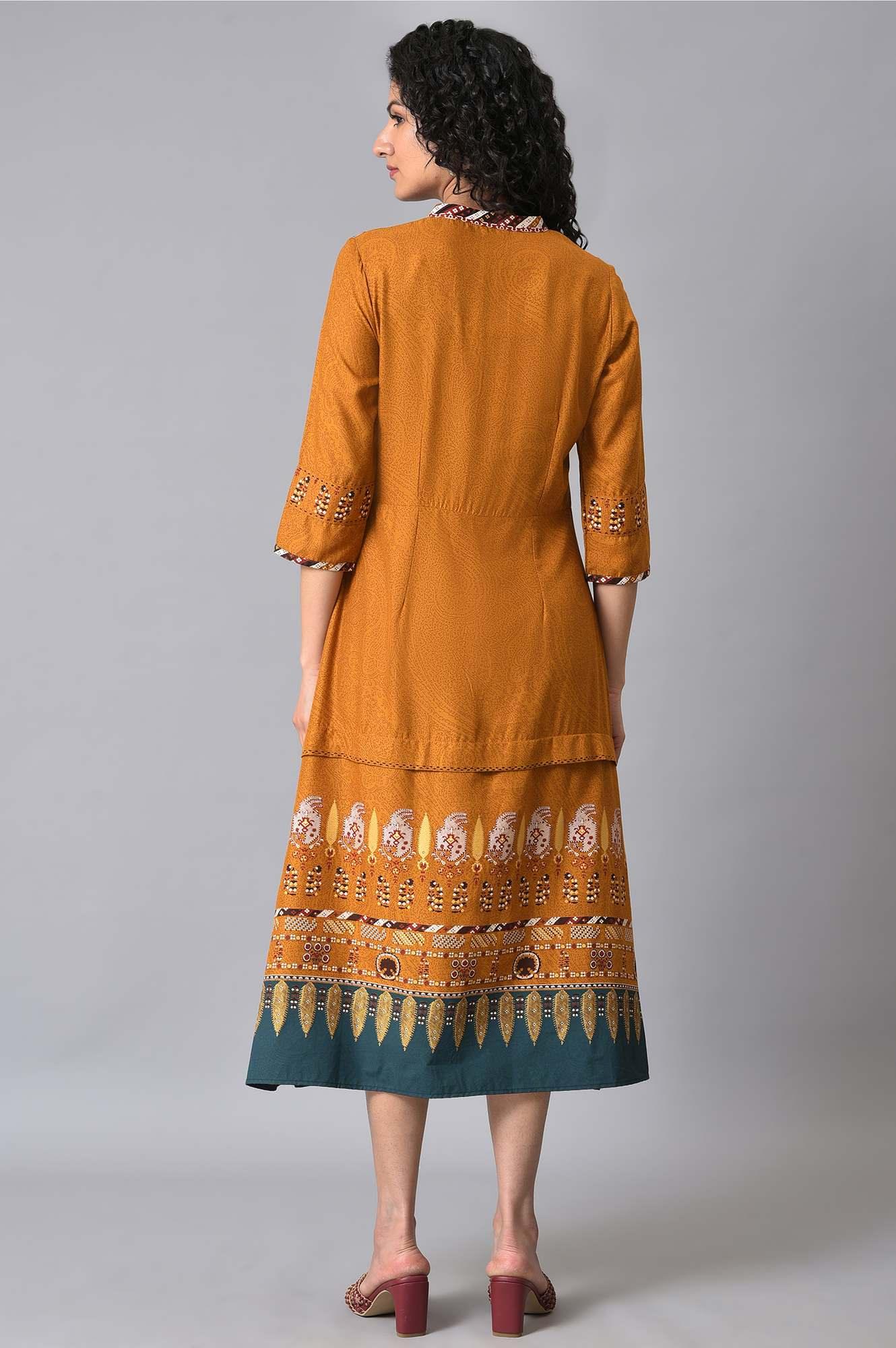 Mustard Printed A-Line Dress - Image 3