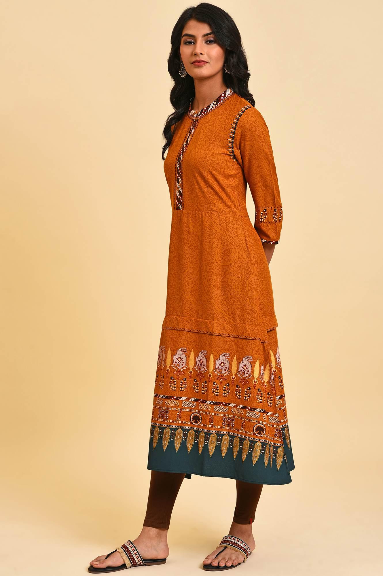 Mustard Printed A-Line Dress Set - Image 3