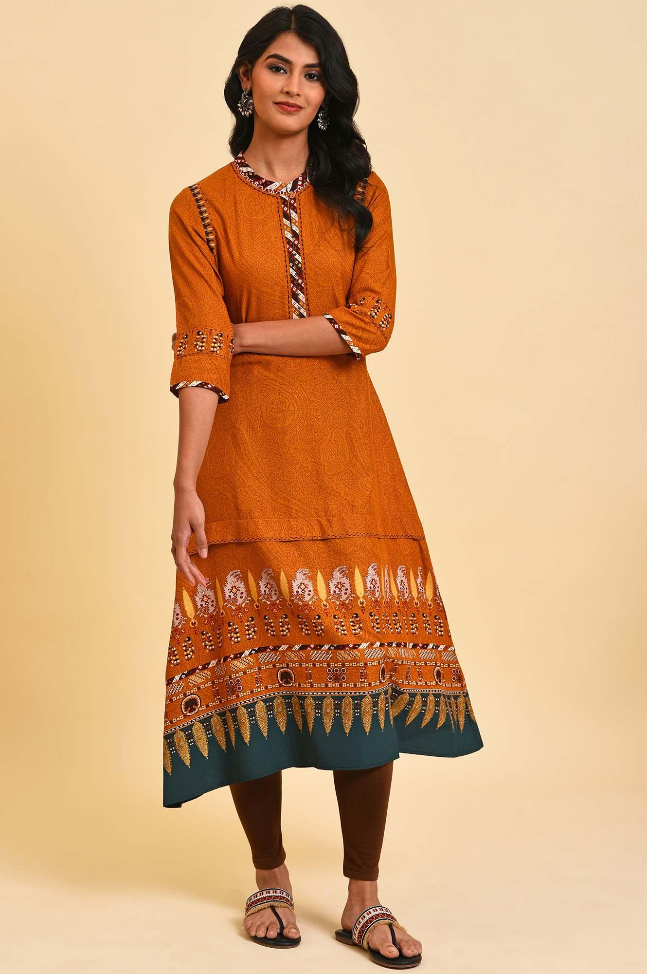Mustard Printed A-Line Dress Set - Image 8