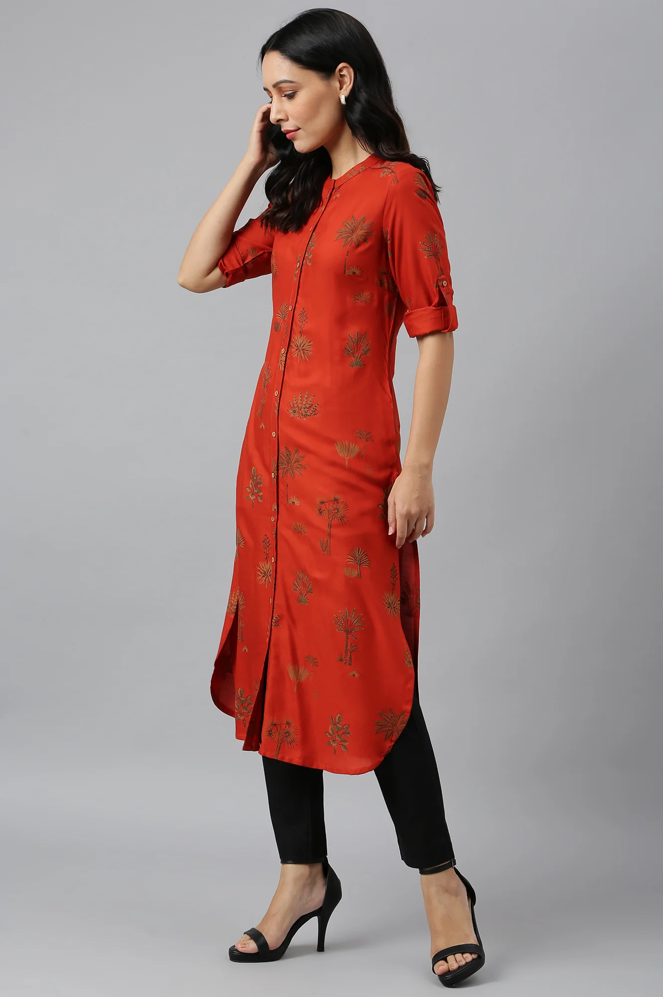 Rust Red Printed Button Down Kurta - Image 3