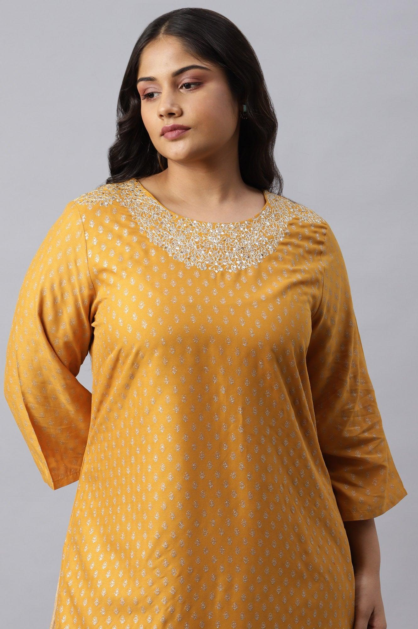 Mustard Printed Plus Size kurta With Metallic Embroidery - Image 5