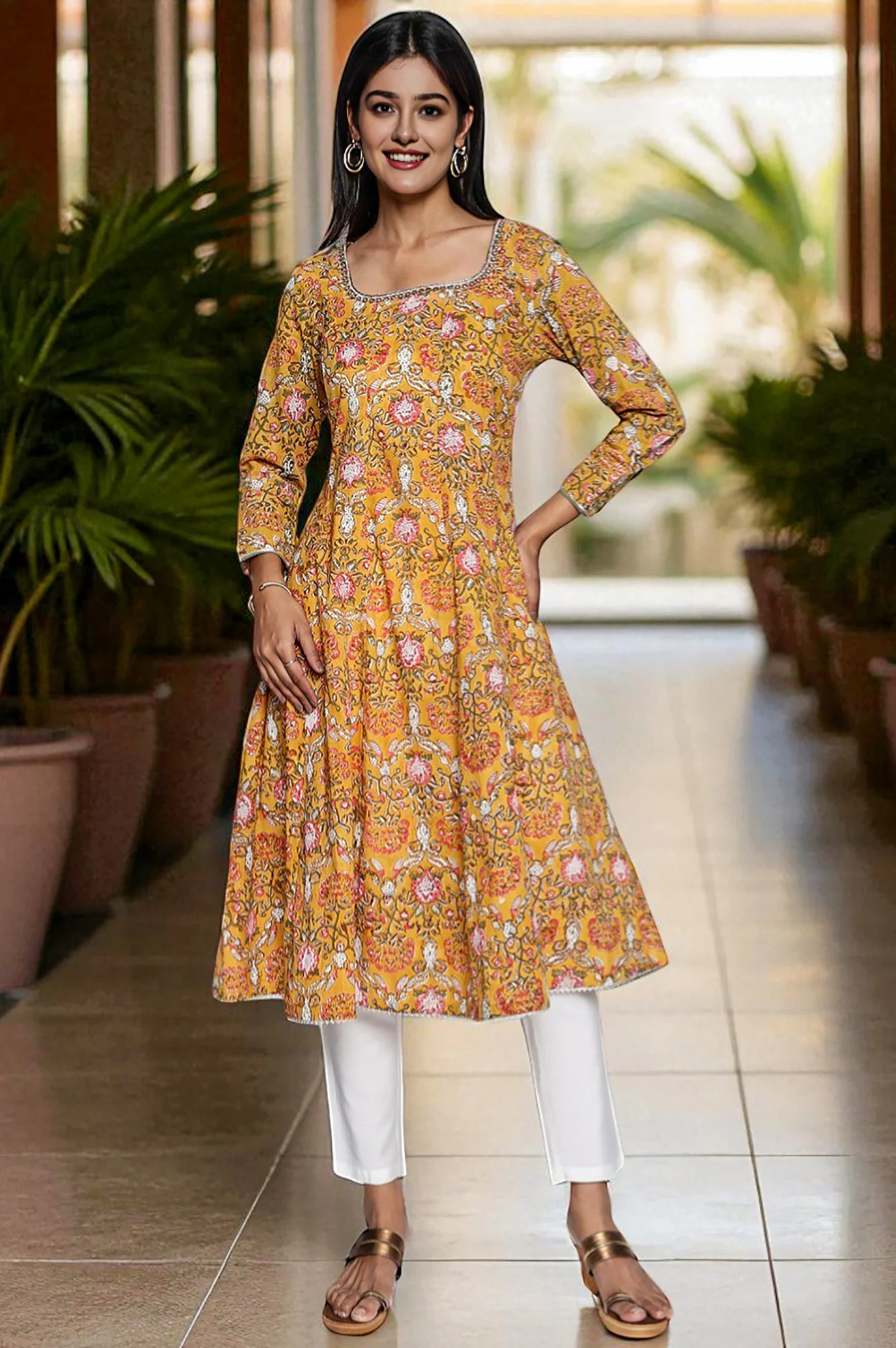 Mustard Printed Pure Cotton Flared Kurta - Image 2
