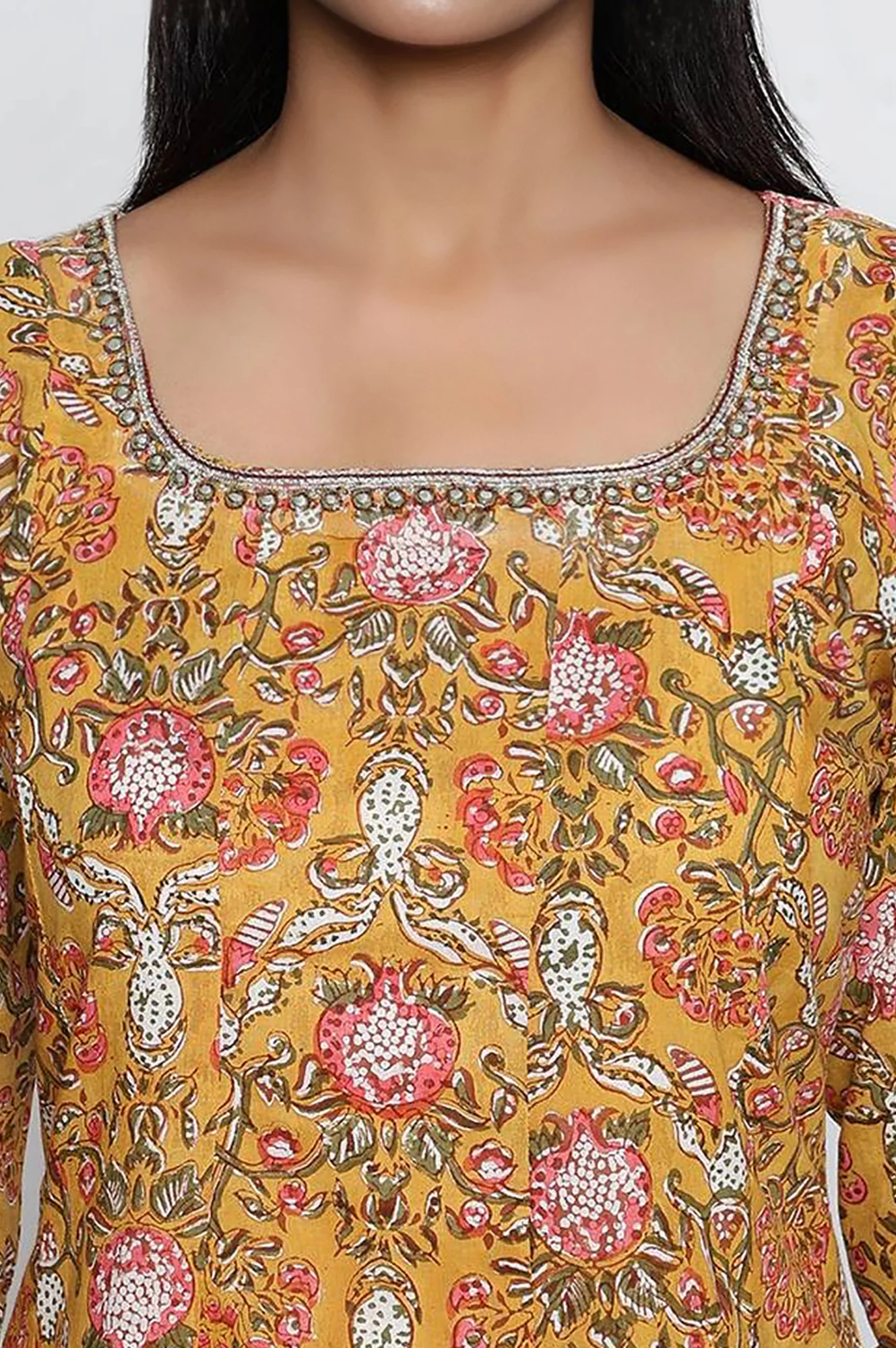Mustard Printed Pure Cotton Flared Kurta - Image 3