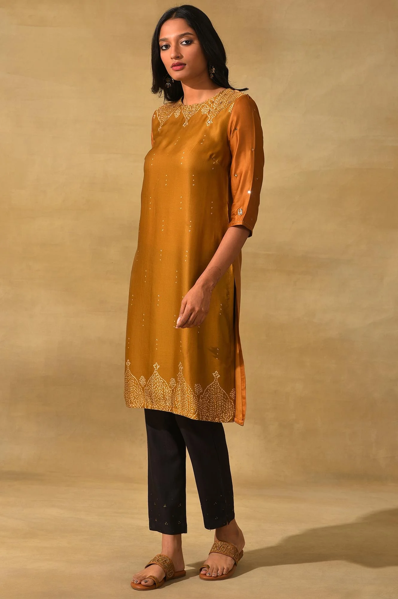Mustard Printed Straight kurta In Lustrous Satin - Image 3