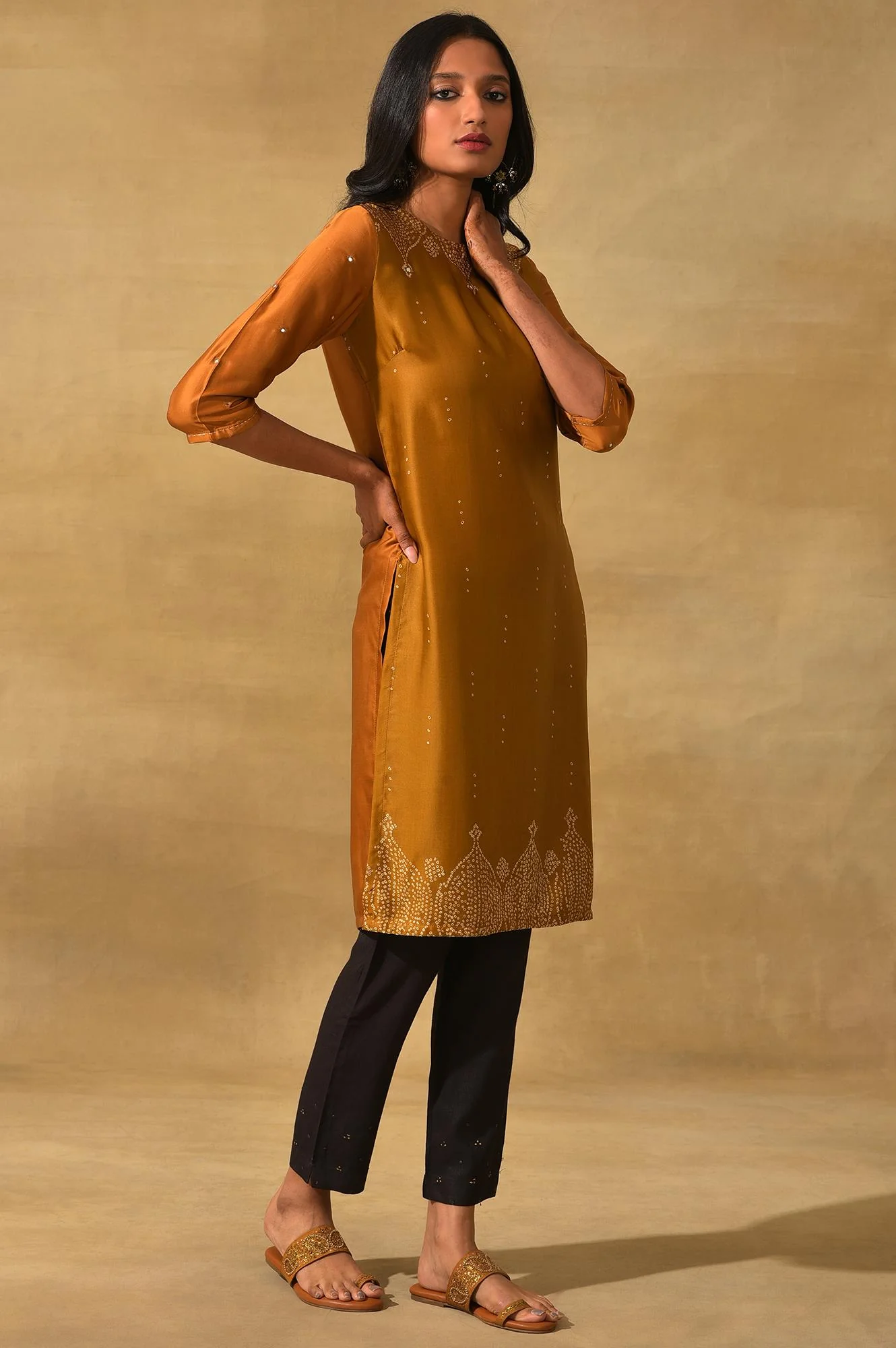 Mustard Printed Straight kurta In Lustrous Satin - Image 4