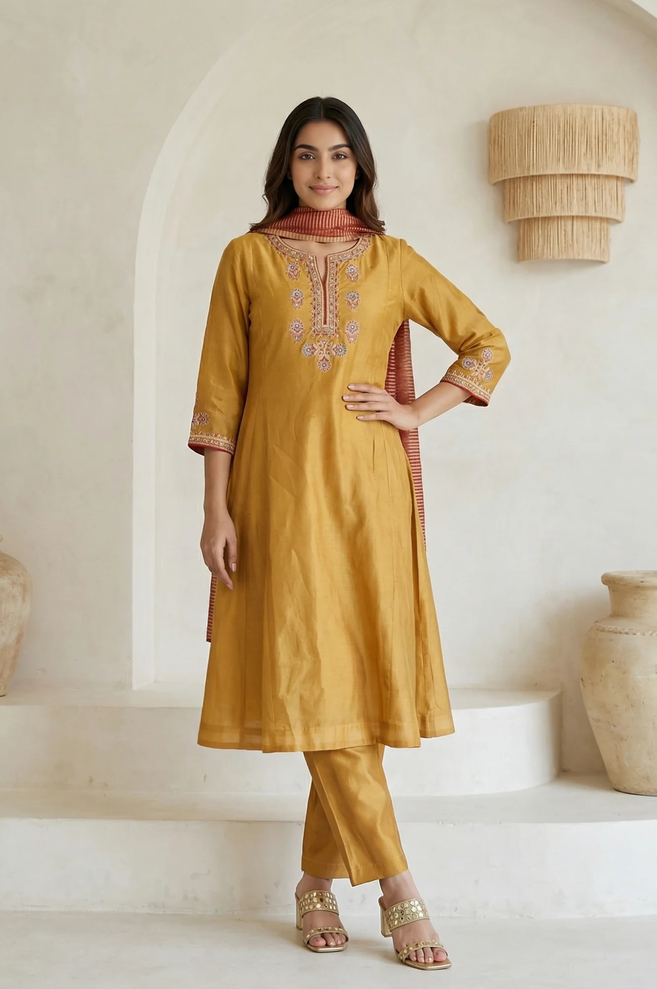 Mustard Embroidered Silk Blend A-line Kurta with Straight Pants and Dupatta Set