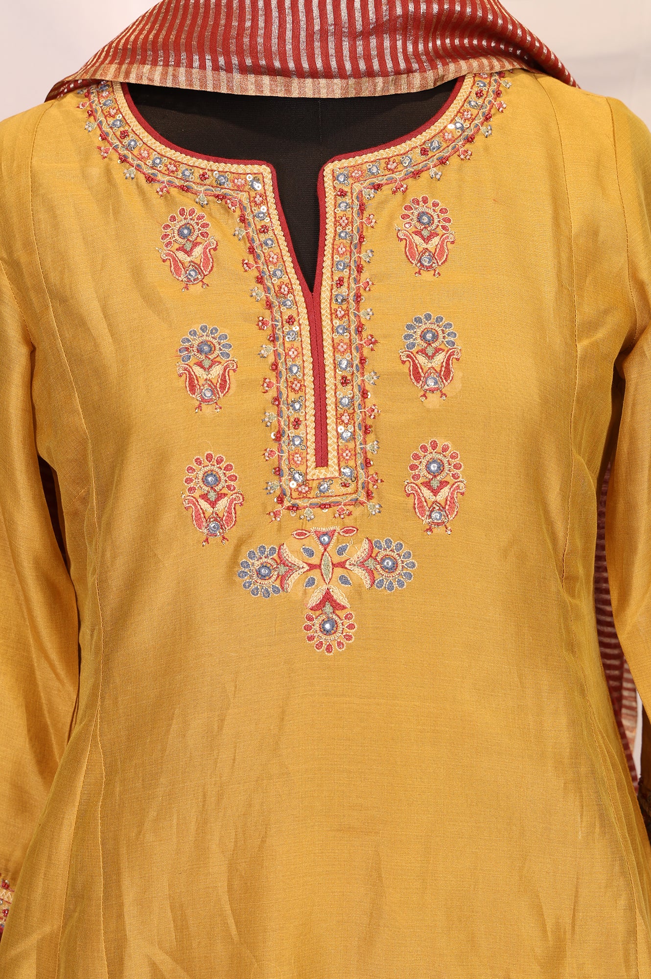Mustard Embroidered Silk Blend A-line Kurta with Straight Pants and Dupatta Set - Image 2