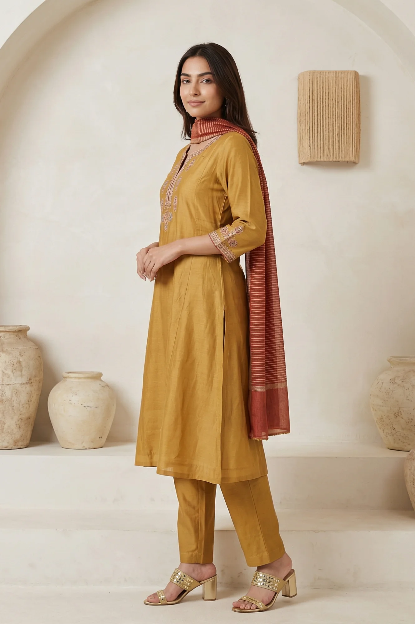 Mustard Embroidered Silk Blend A-line Kurta with Straight Pants and Dupatta Set - Image 3