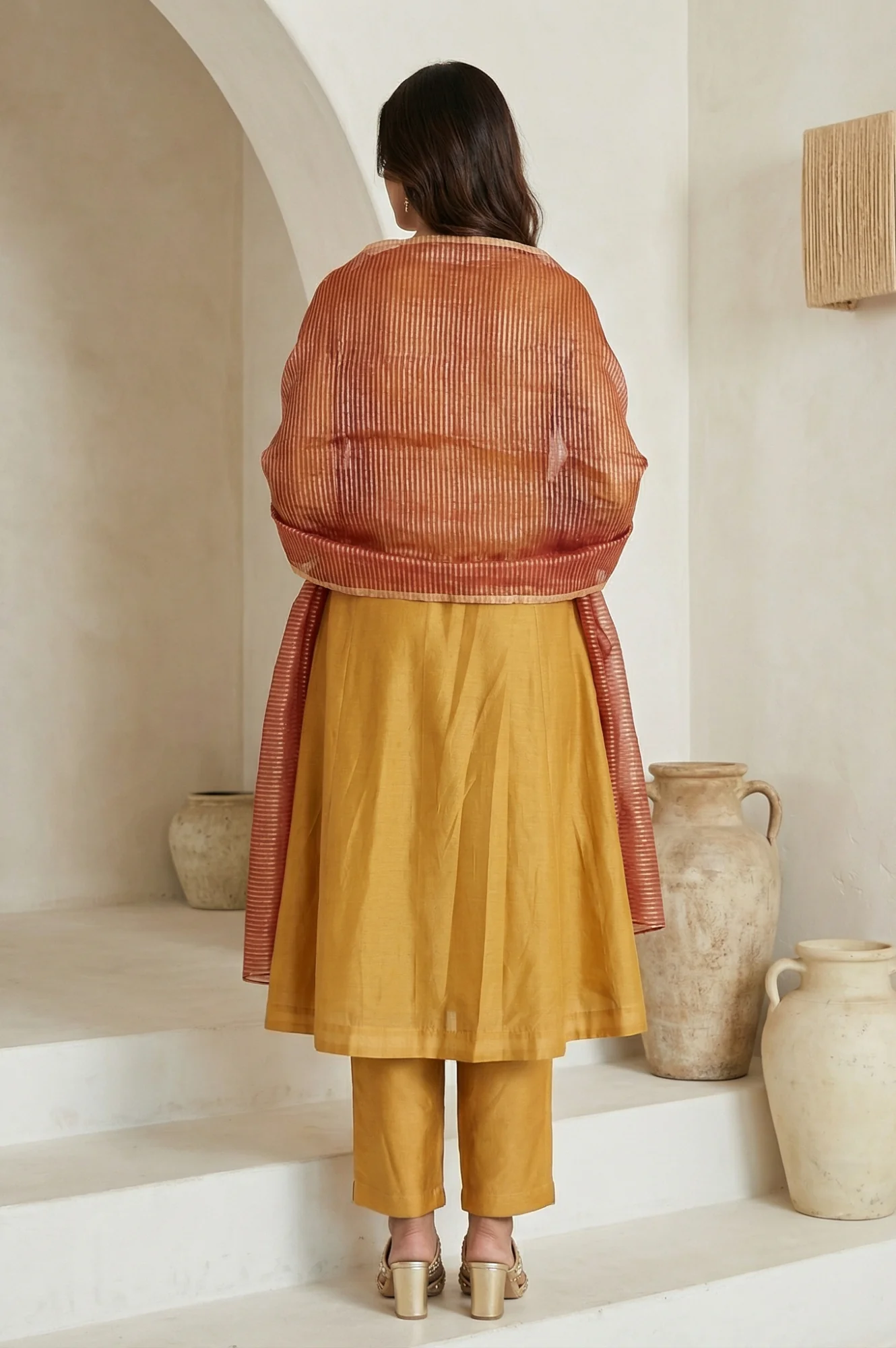 Mustard Embroidered Silk Blend A-line Kurta with Straight Pants and Dupatta Set - Image 4