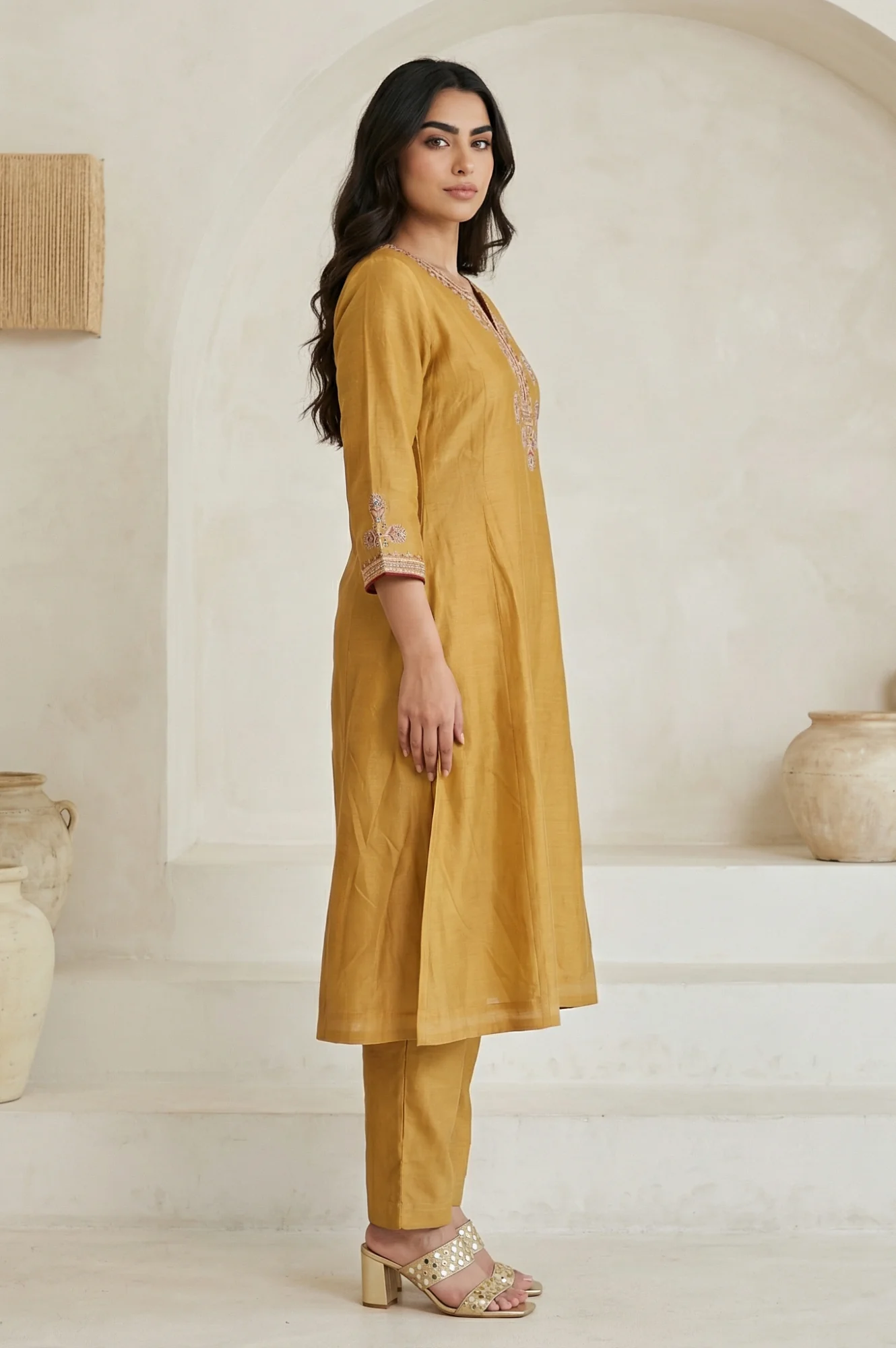 Mustard Embroidered Silk Blend A-line Kurta with Straight Pants and Dupatta Set - Image 5