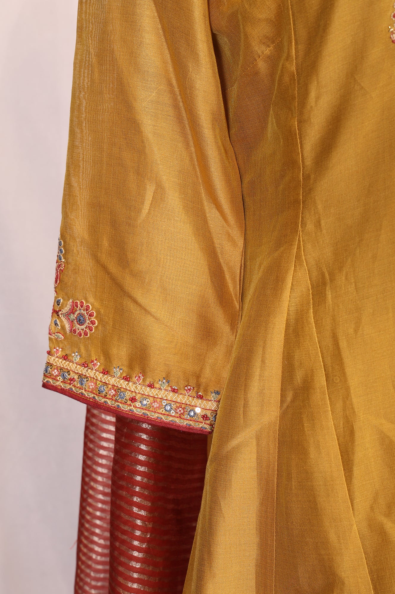 Mustard Embroidered Silk Blend A-line Kurta with Straight Pants and Dupatta Set - Image 6