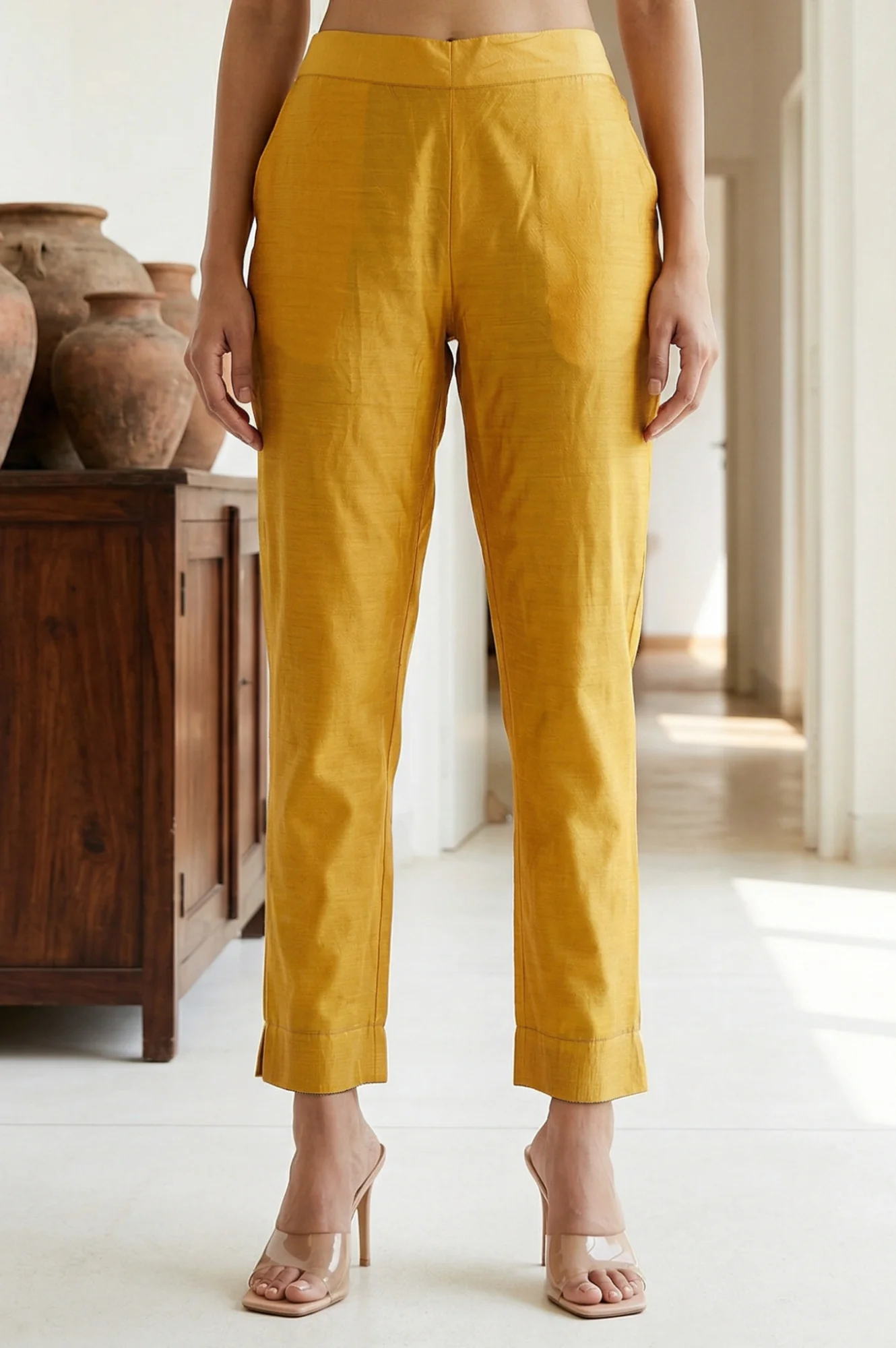 Elleven Women's Mustard Solid Chanderi Straight Fit Ankle Length Trousers