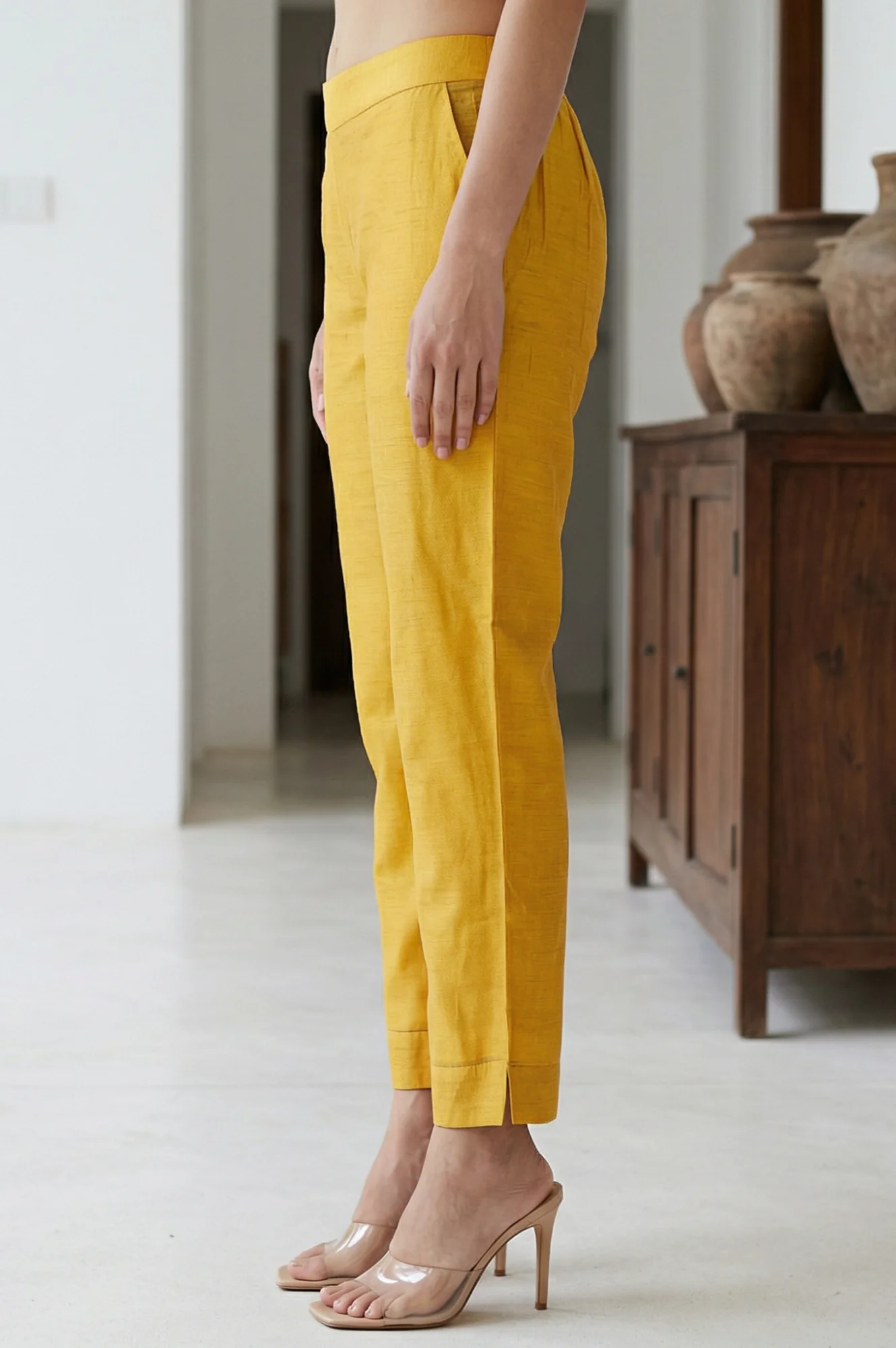 Elleven Women's Mustard Solid Chanderi Straight Fit Ankle Length Trousers - Image 2