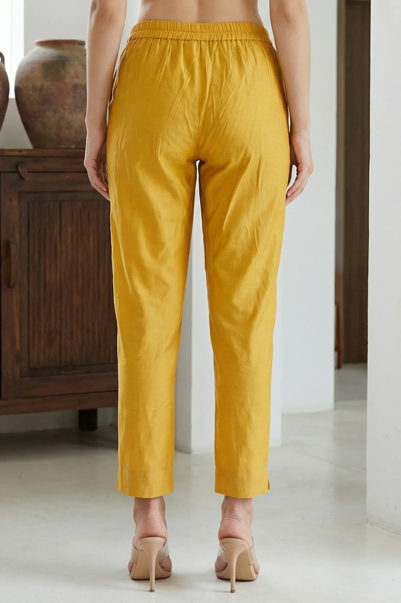 Elleven Women's Mustard Solid Chanderi Straight Fit Ankle Length Trousers - Image 3