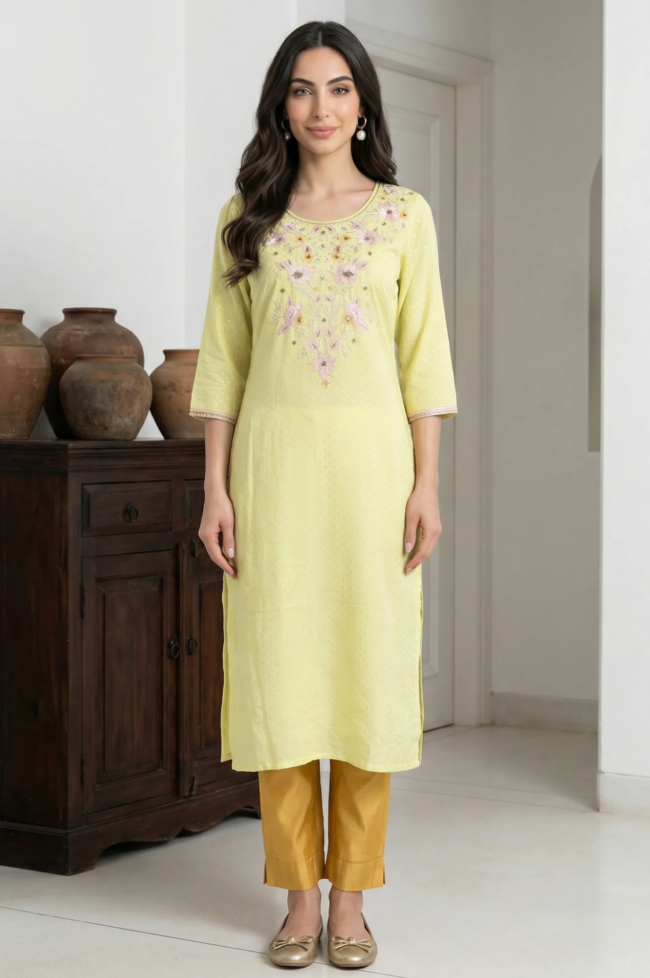 Elleven Women's Mustard Solid Chanderi Straight Fit Ankle Length Trousers - Image 4