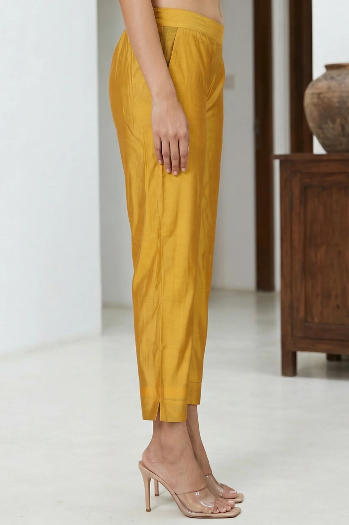 Elleven Women's Mustard Solid Chanderi Straight Fit Ankle Length Trousers - Image 5