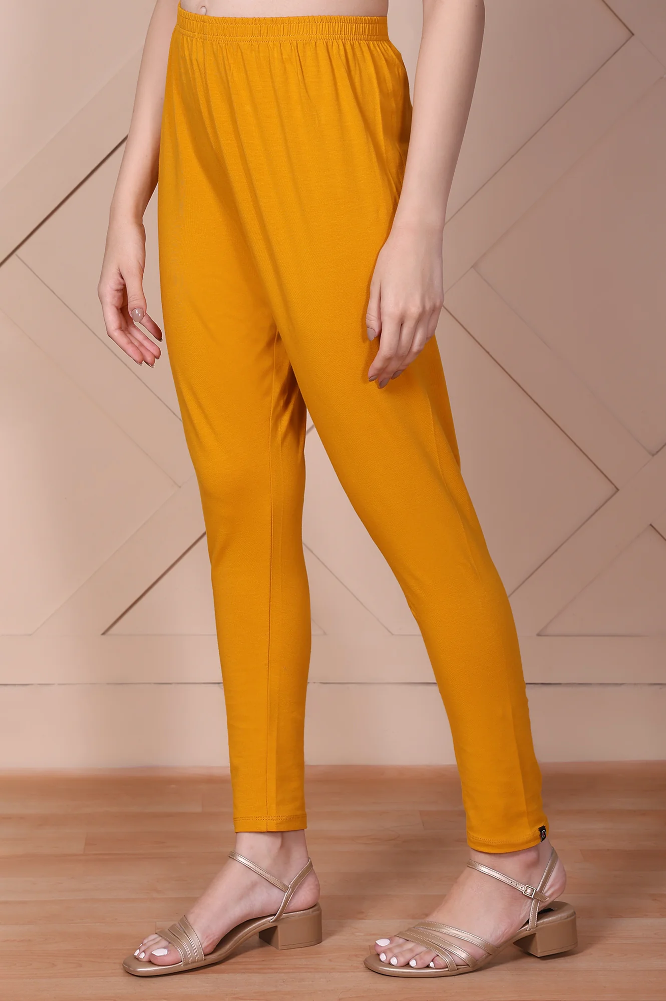 Elleven Women's Mustard Solid High-Waisted Cotton Tights - Image 2