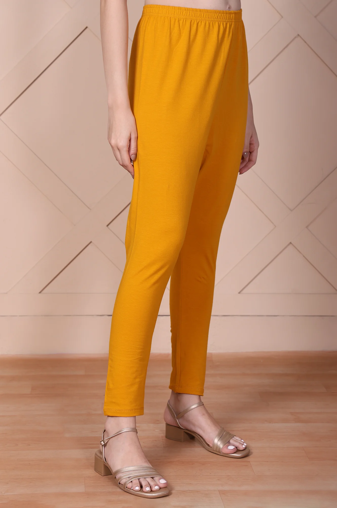 Elleven Women's Mustard Solid High-Waisted Cotton Tights - Image 3