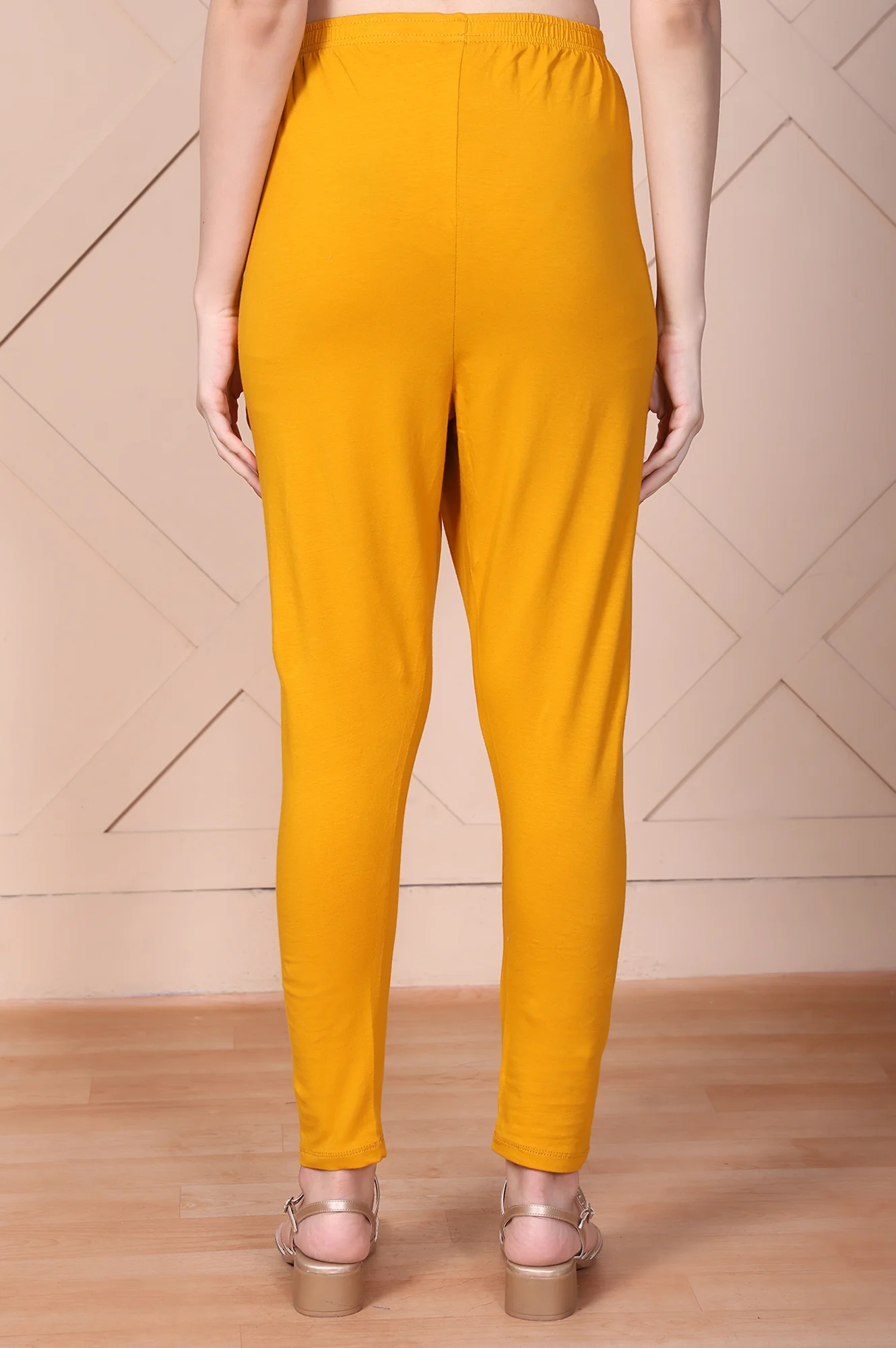Elleven Women's Mustard Solid High-Waisted Cotton Tights - Image 4
