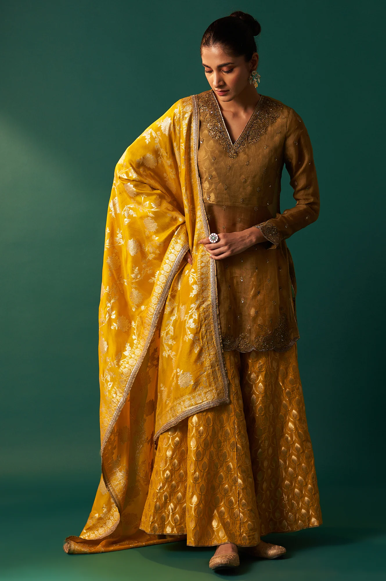 Mustard Solid Printed Silk Organza Straight Kurta, Culotte and Dupatta Set - Image 3