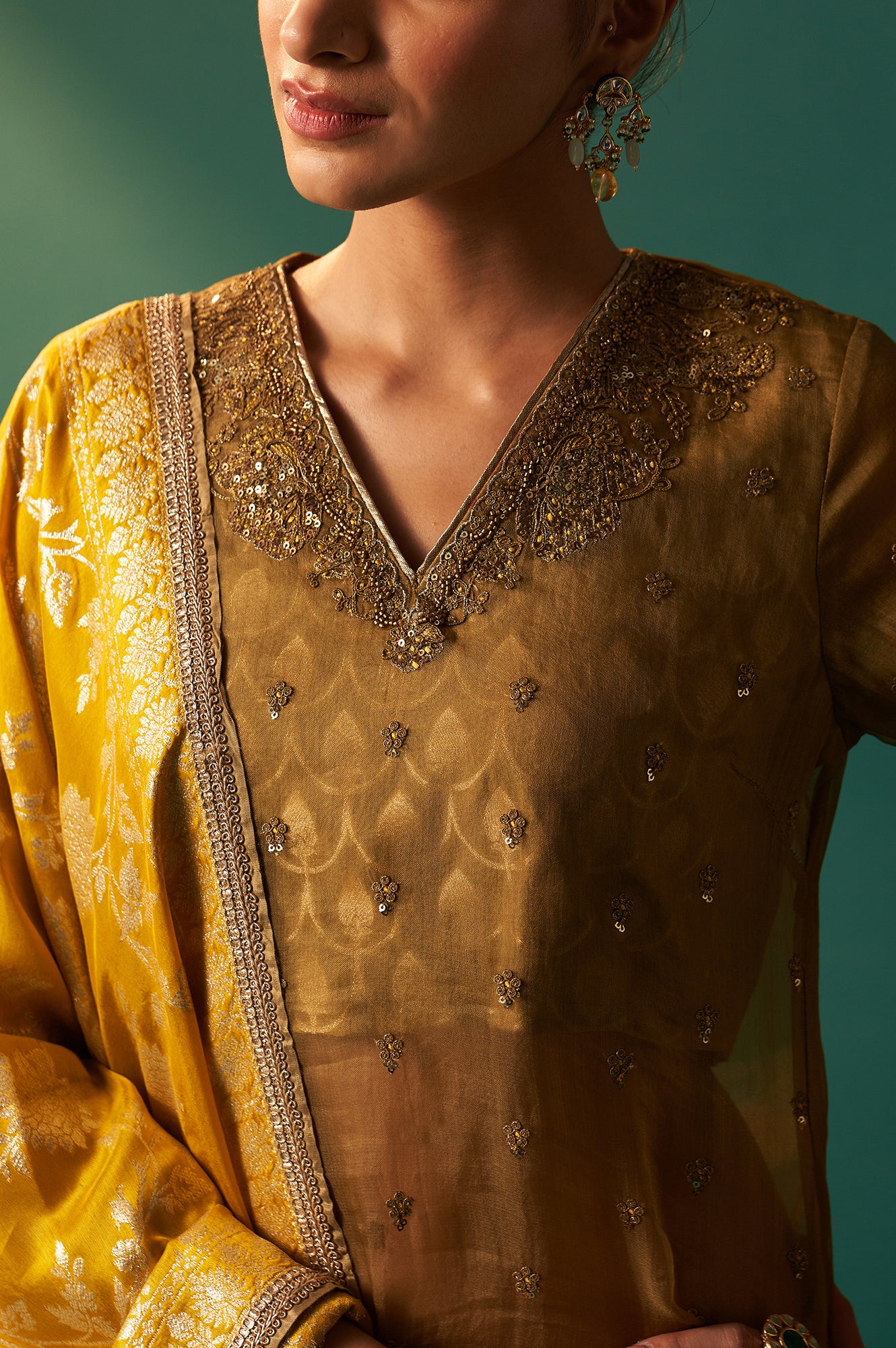 Mustard Solid Printed Silk Organza Straight Kurta, Culotte and Dupatta Set - Image 4