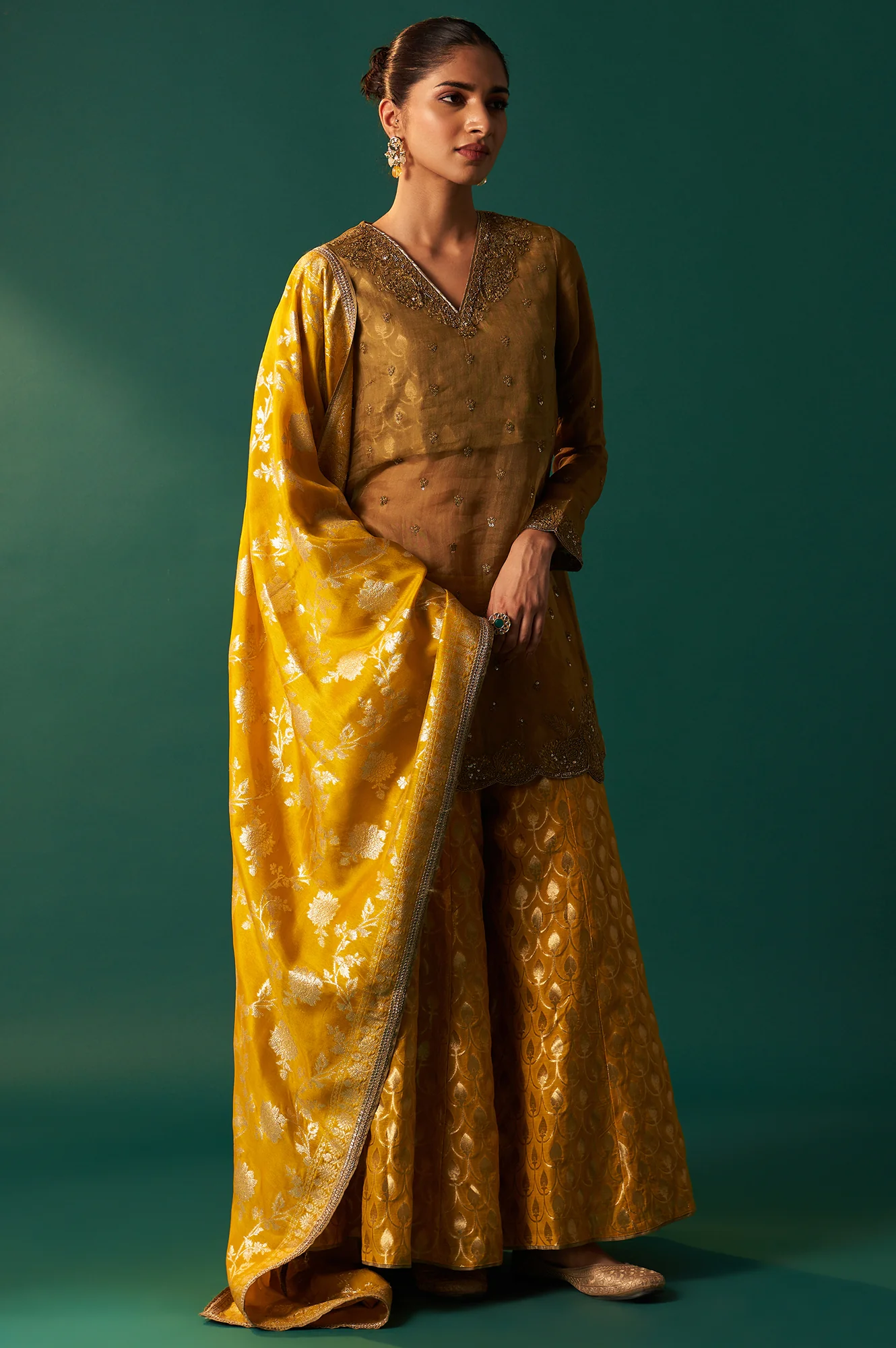 Mustard Solid Printed Silk Organza Straight Kurta, Culotte and Dupatta Set - Image 7