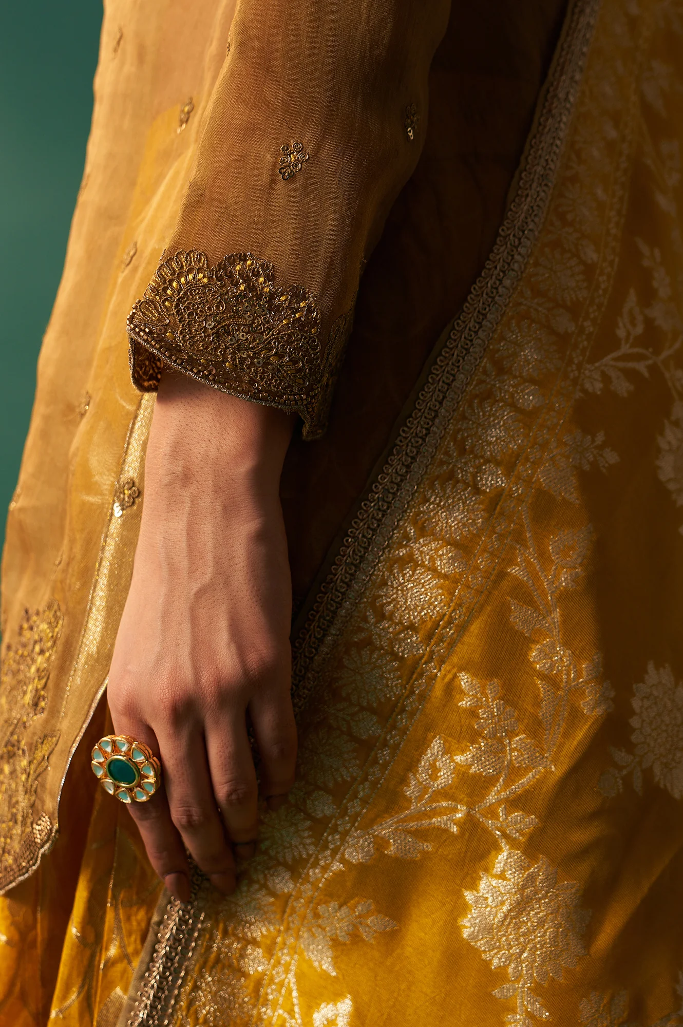 Mustard Solid Printed Silk Organza Straight Kurta, Culotte and Dupatta Set - Image 9