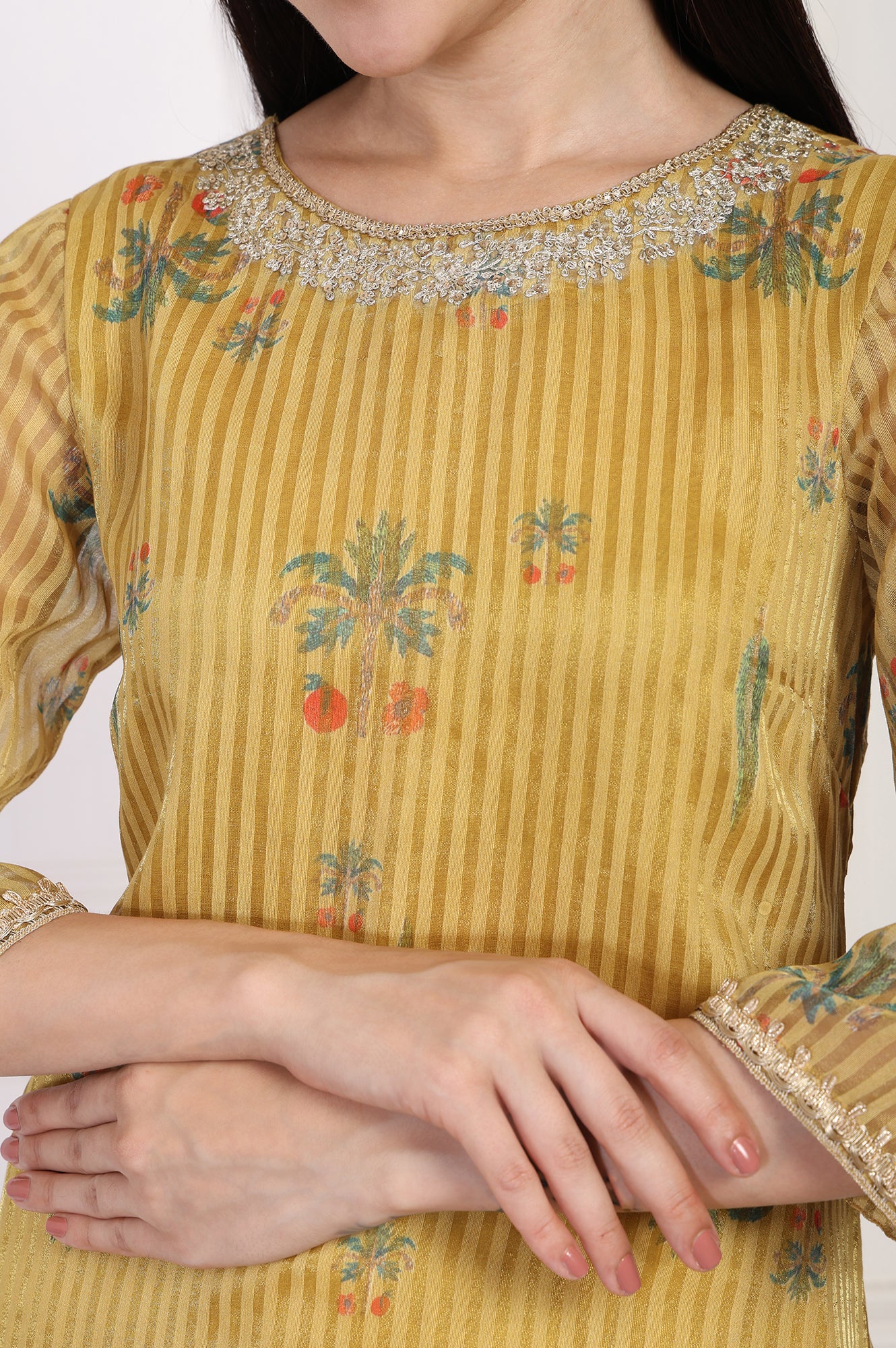 Mustard Striped Floral Printed Embroidered A-Line Kurta - Image 3