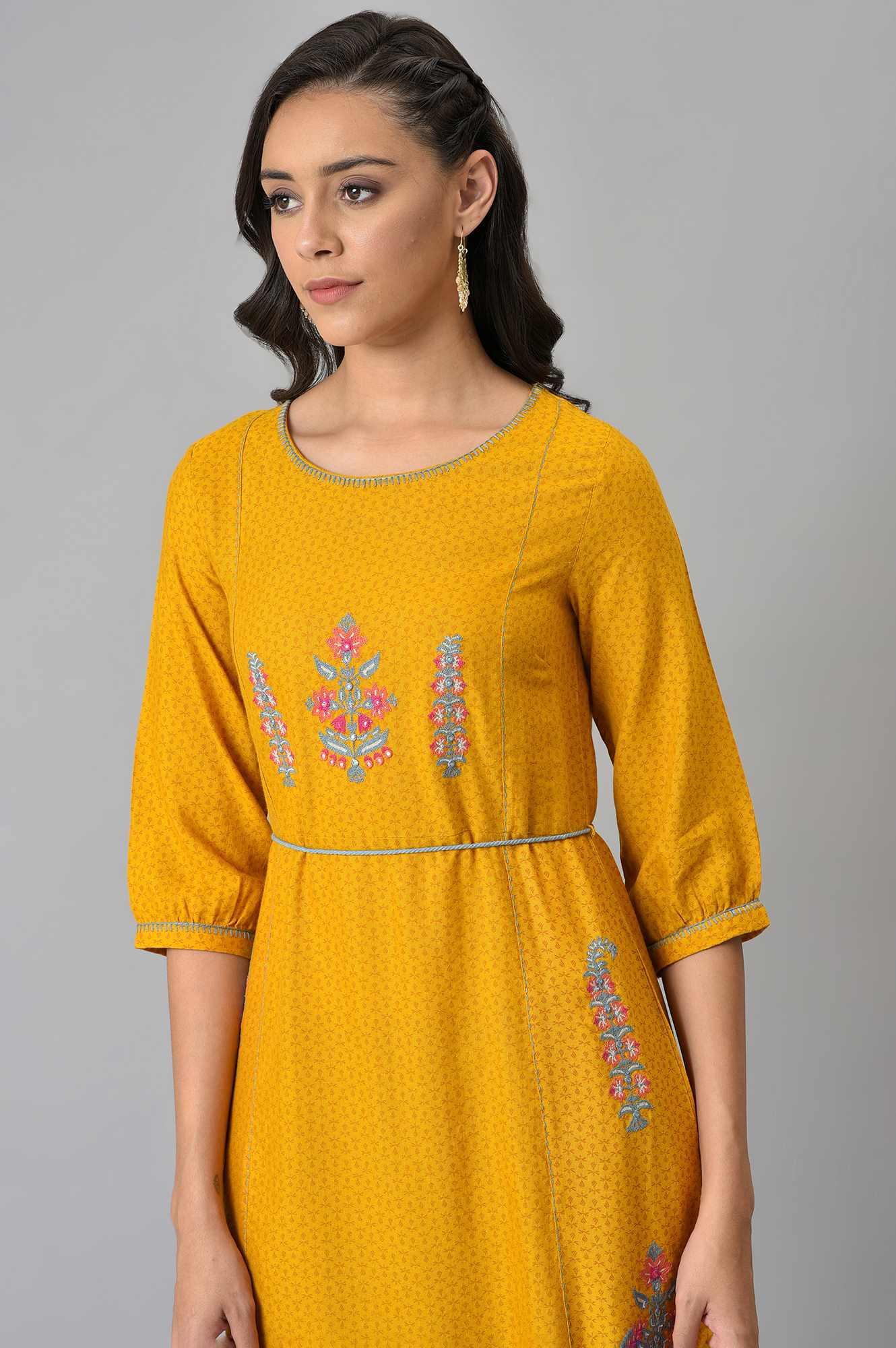 Mustard Yellow A-Line Printed kurta With Embroidery - Image 6
