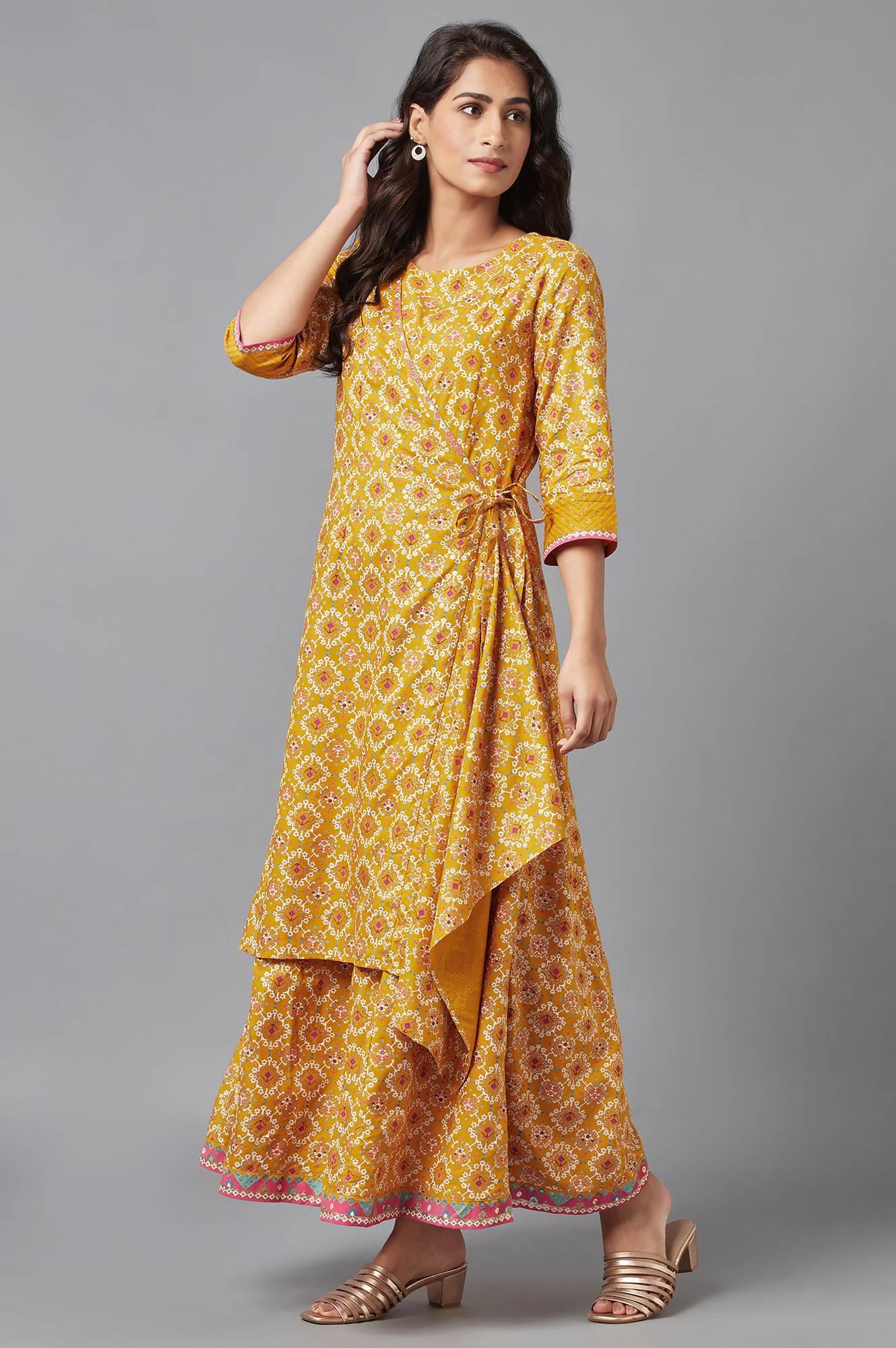 Mustard Yellow Angrakha Jumpsuit in Round Neck - Image 3