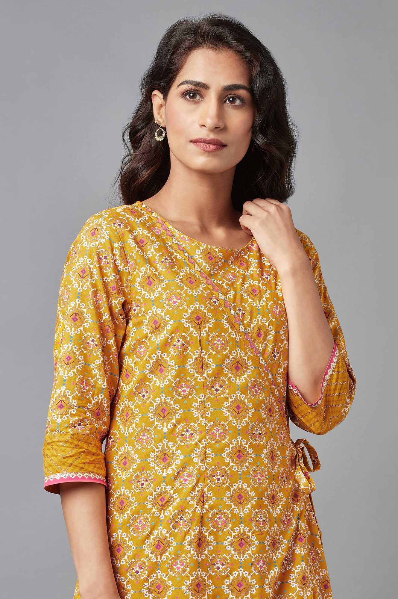 Mustard Yellow Angrakha Jumpsuit in Round Neck - Image 5