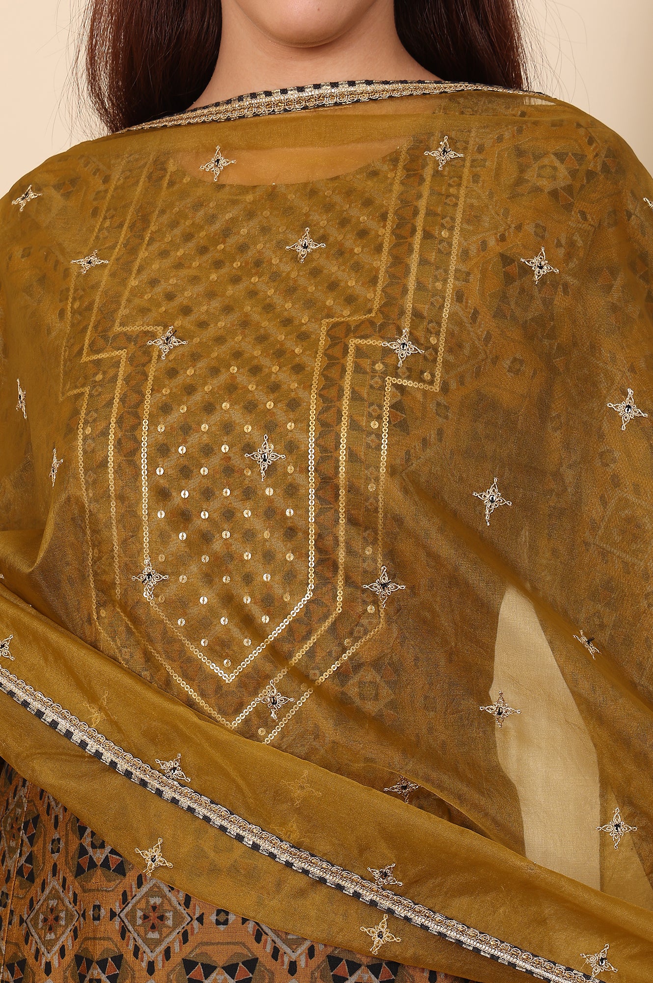 Mustard Yellow Dori Embroidered Organza Dupatta - Image 4