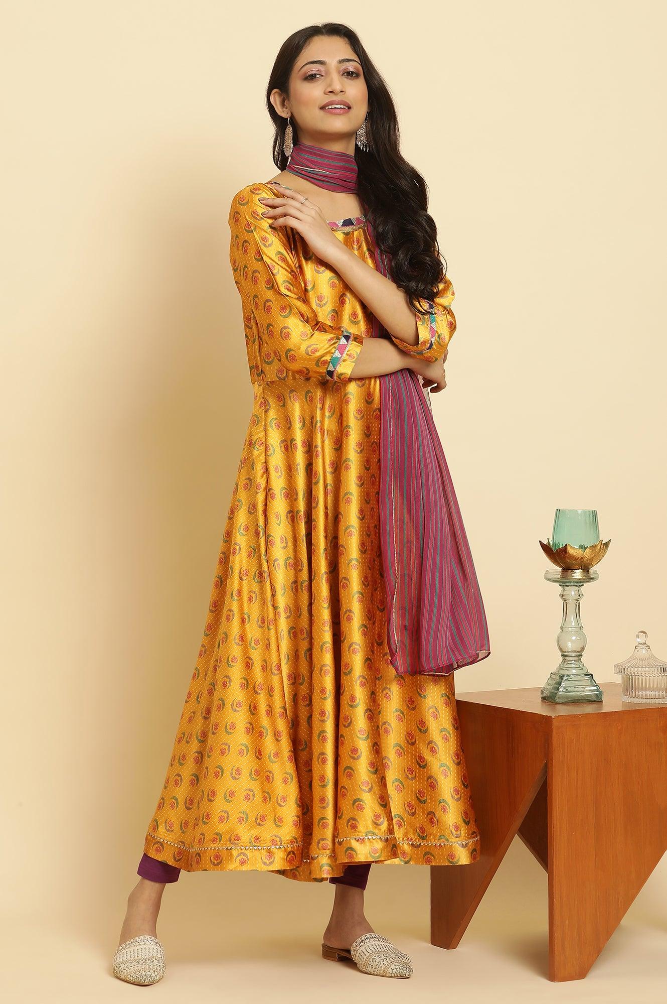 Yellow Floral Printed Satin Festive Anarkali Kurta and Leggings Set with Dupatta - Image 11