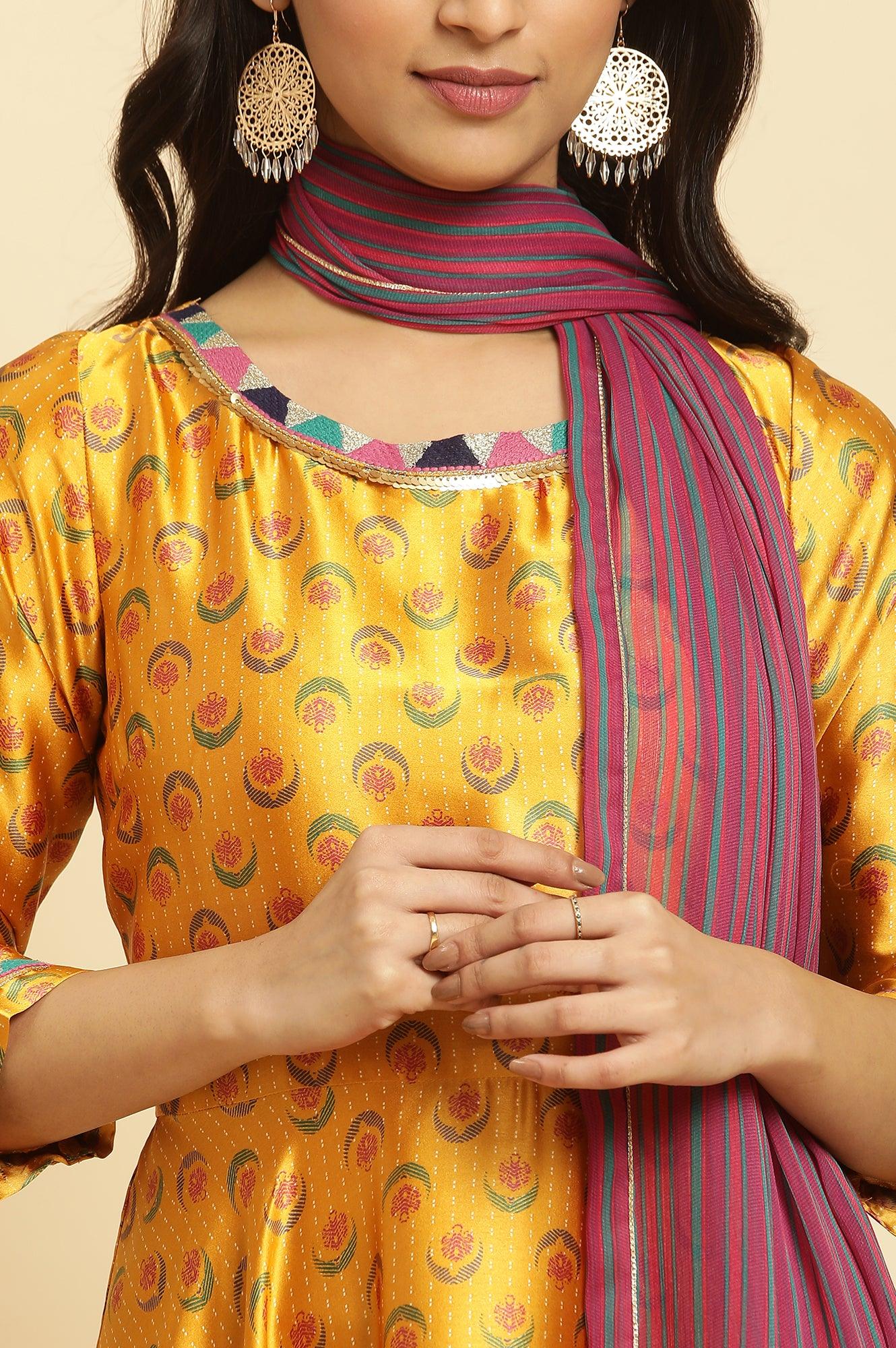 Yellow Floral Printed Satin Festive Anarkali Kurta and Leggings Set with Dupatta - Image 16